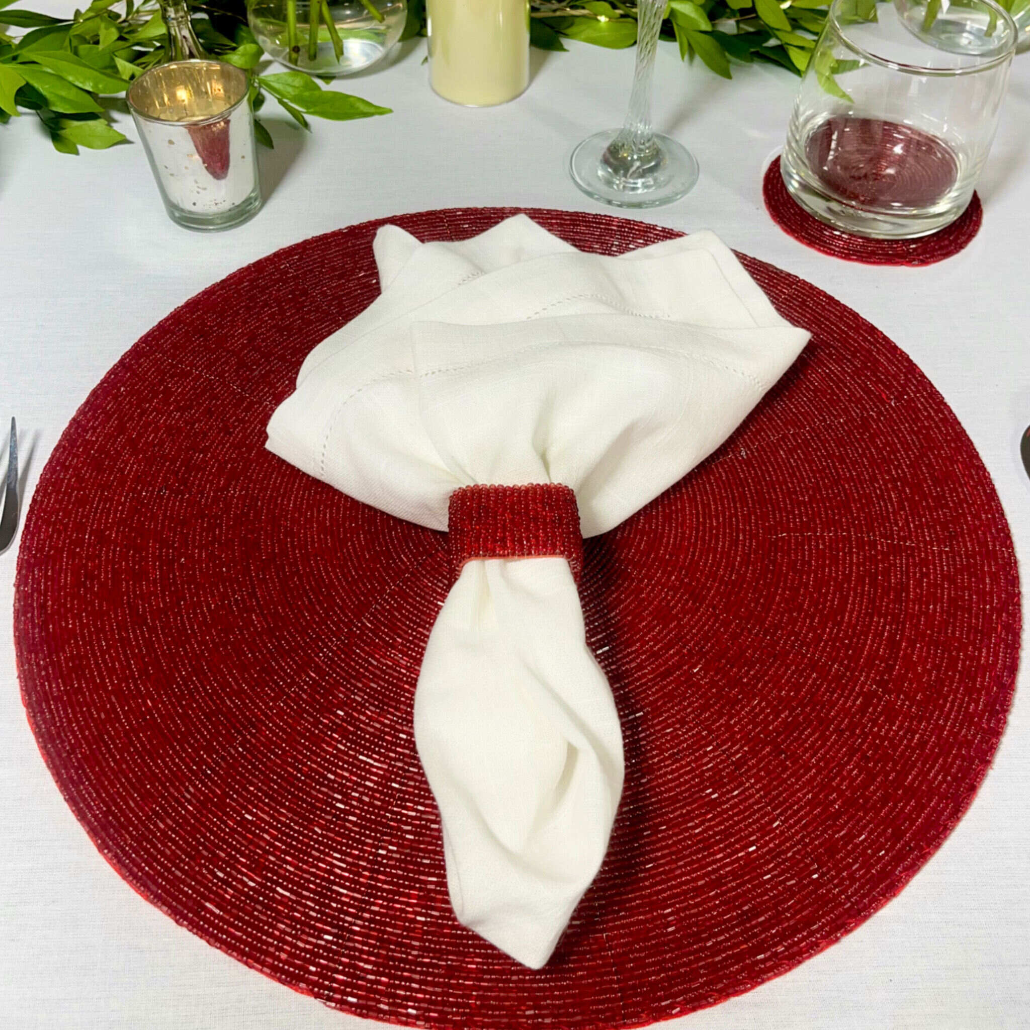 Glass Bead Placemat in Red, Set of 4