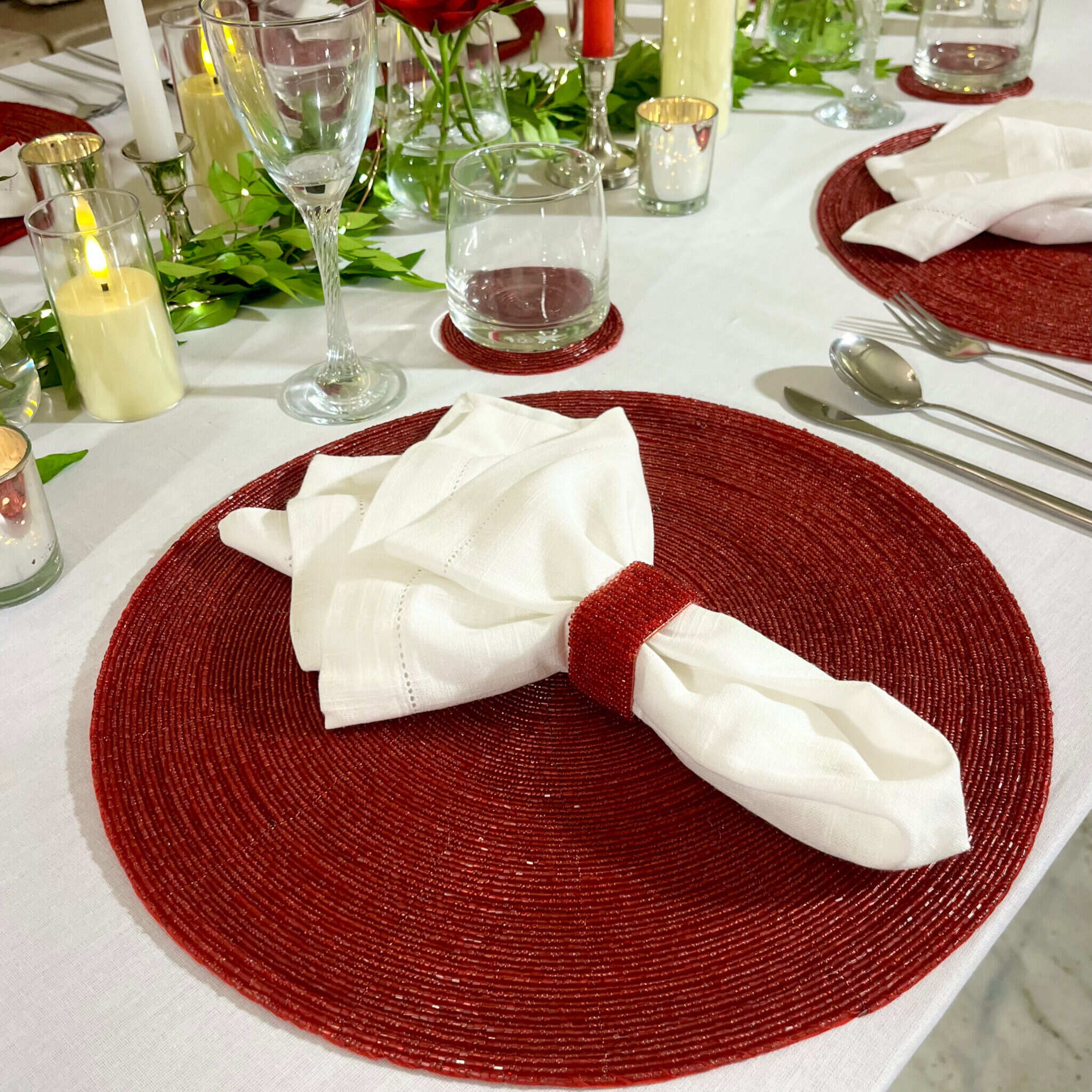 Glass Bead Placemat in Red, Set of 4
