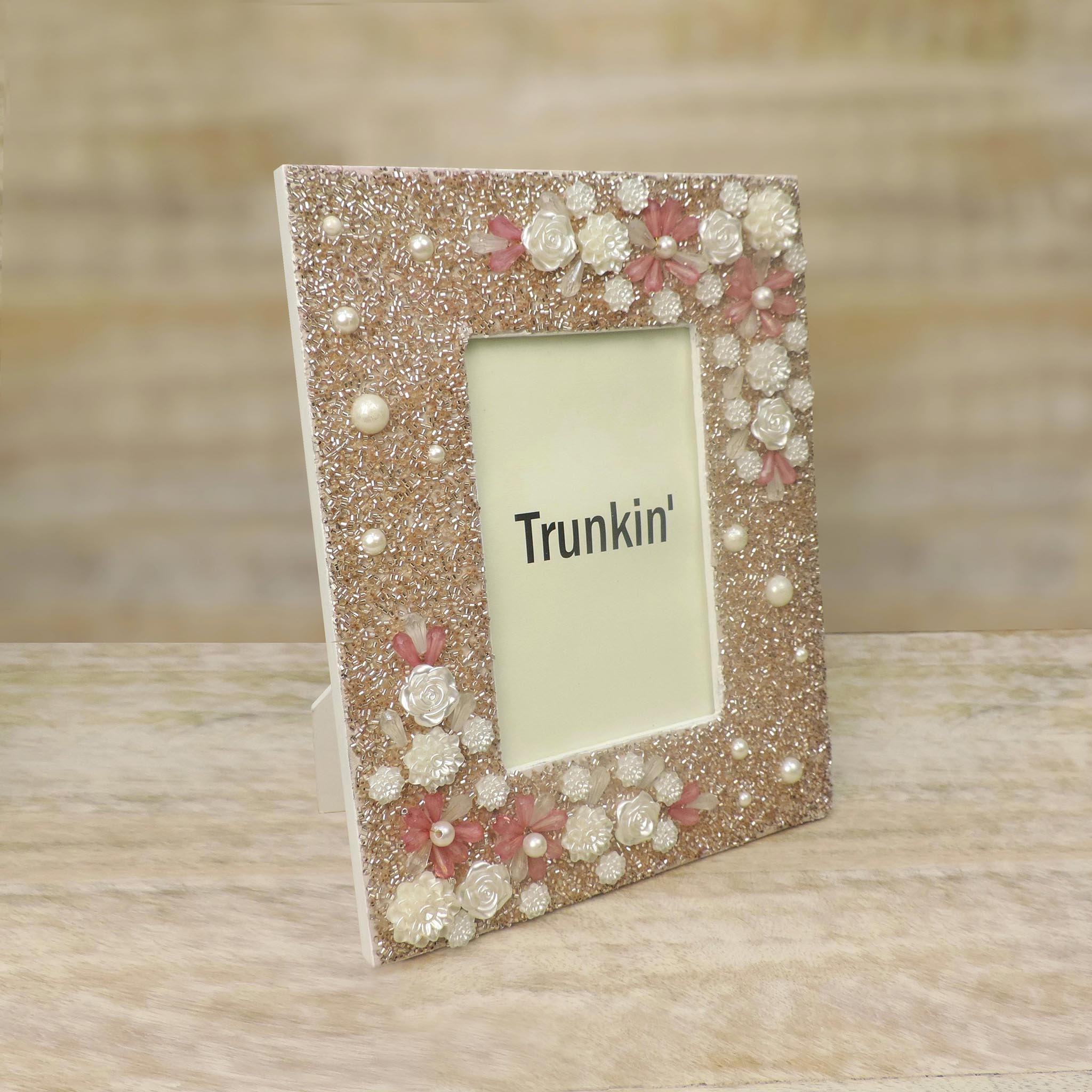 Floral Hand Beaded Photo Frame in Pink, 4" x 6" In