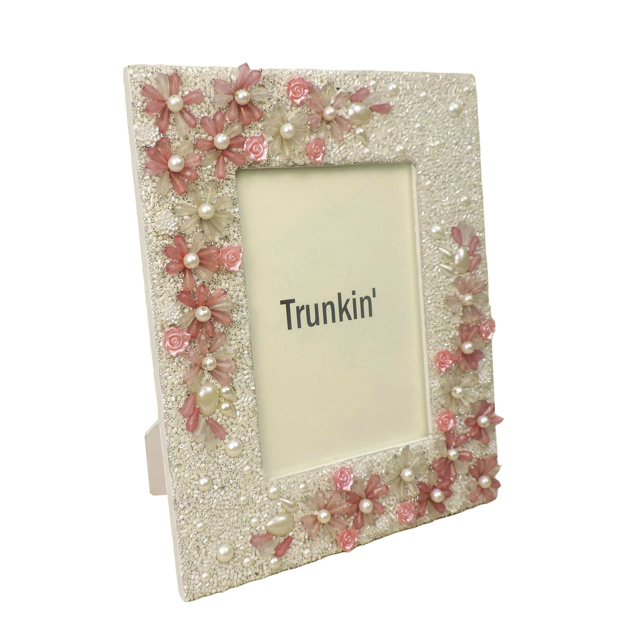 Floral Hand Beaded Photo Frame in White & Pink, 5" x 7" In