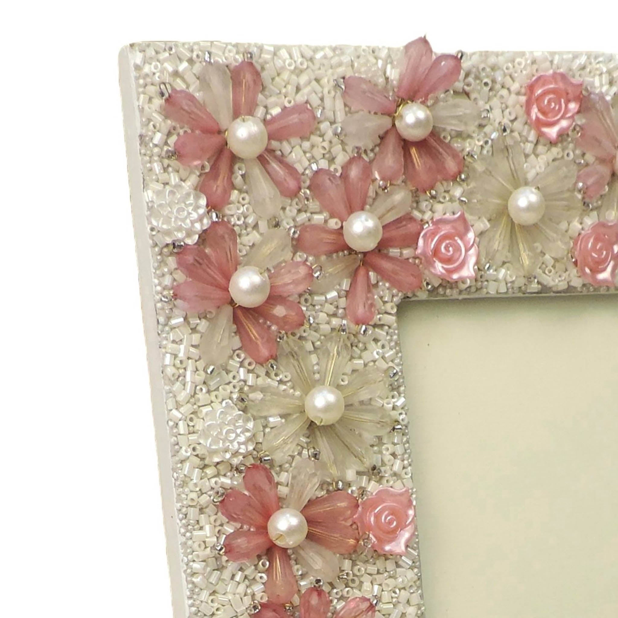 Floral Hand Beaded Photo Frame in White & Pink, 5" x 7" In