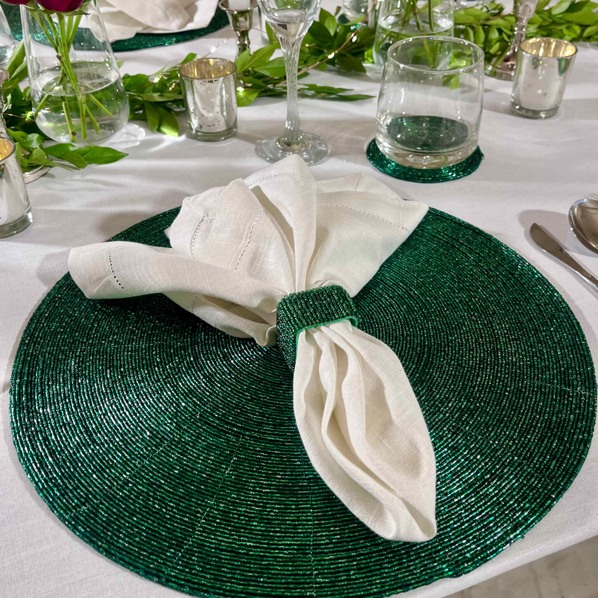 Glass Bead Placemat in Green, Set of 4