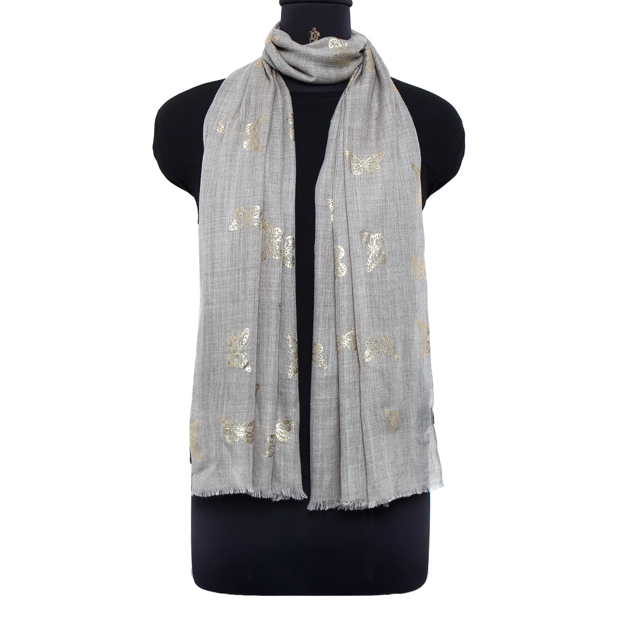 Handmade Cashmere Pashmina Foil Printed Stole Scarf Shawl Wrap in Natural