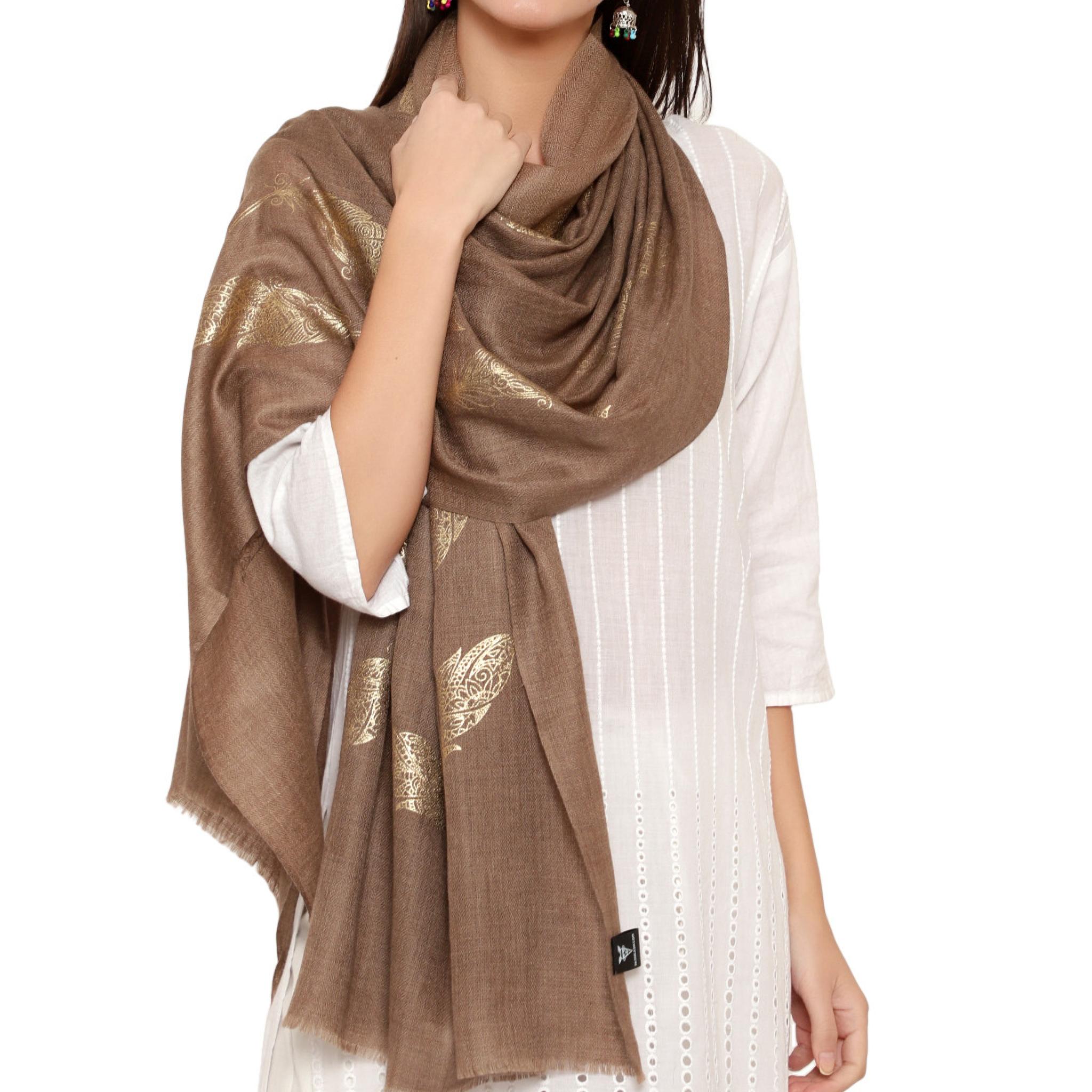 Handmade Cashmere Pashmina Foil Printed Stole Scarf Shawl Wrap in Brown