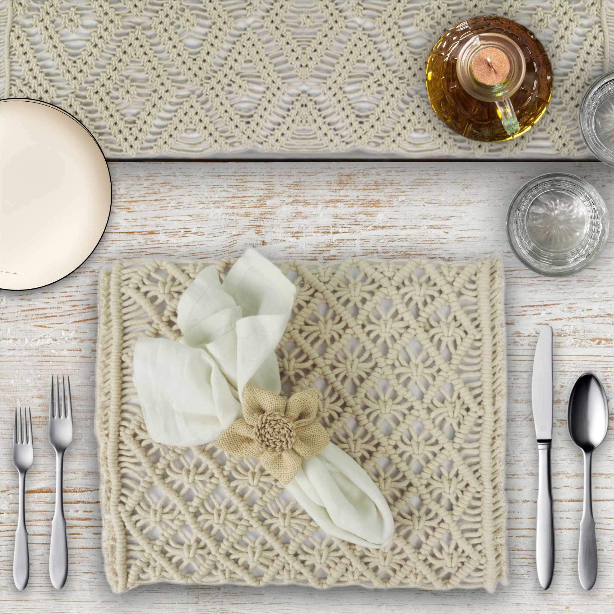 Handmade Cotton Woven Macrame Table Setting for 4 - White