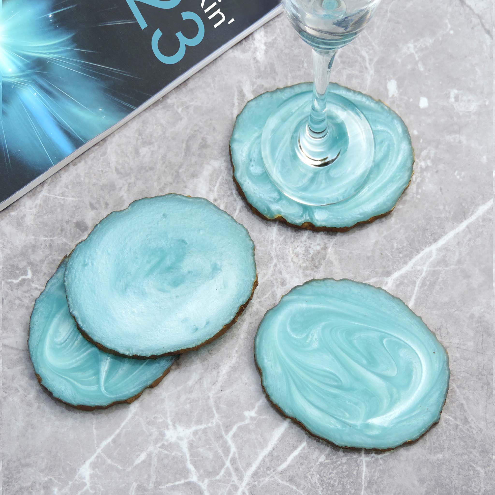 Glamour Resin Coaster in Aqua & Gold, Set of 4