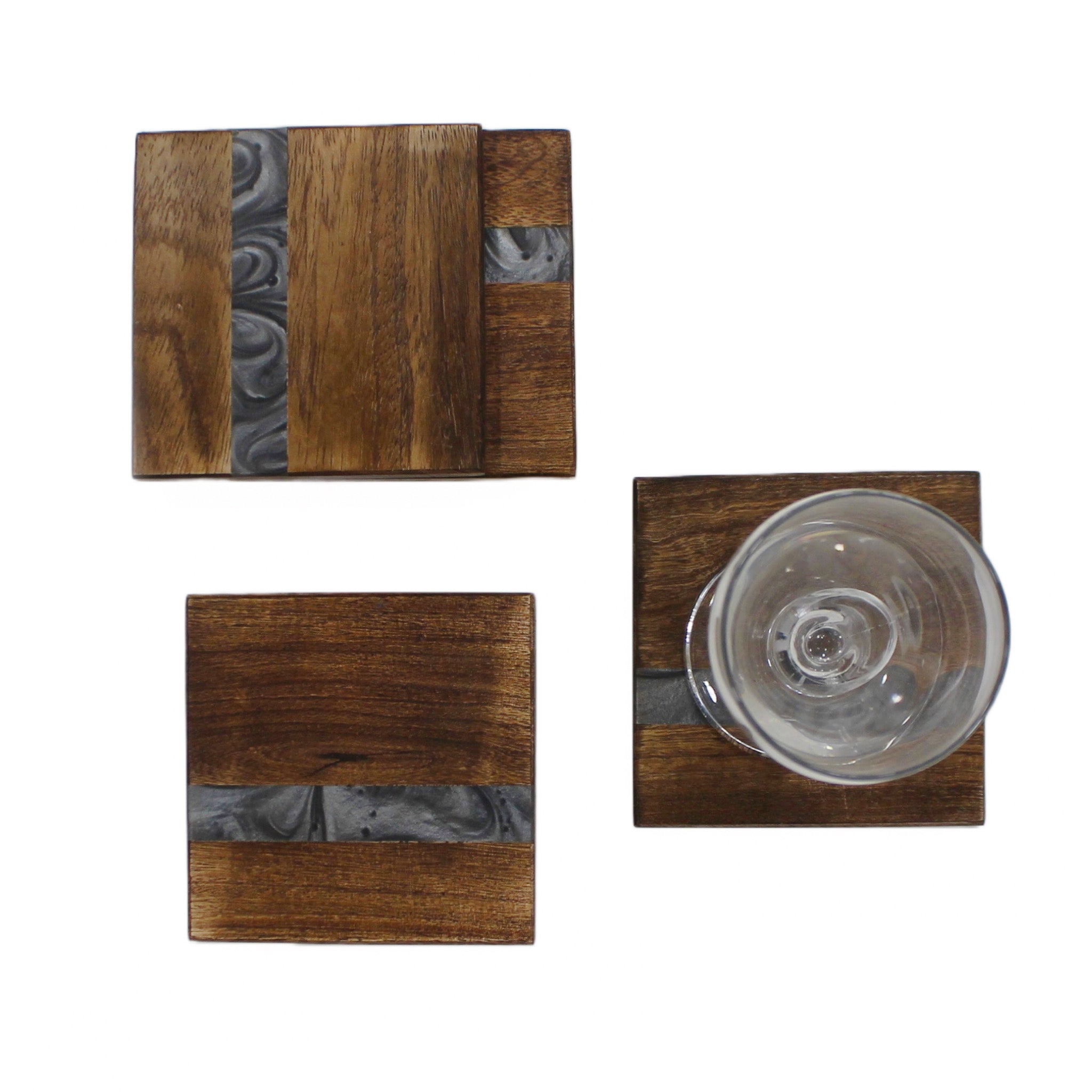 Natural Mango Wood Resin Coaster in Grey, Set of 4