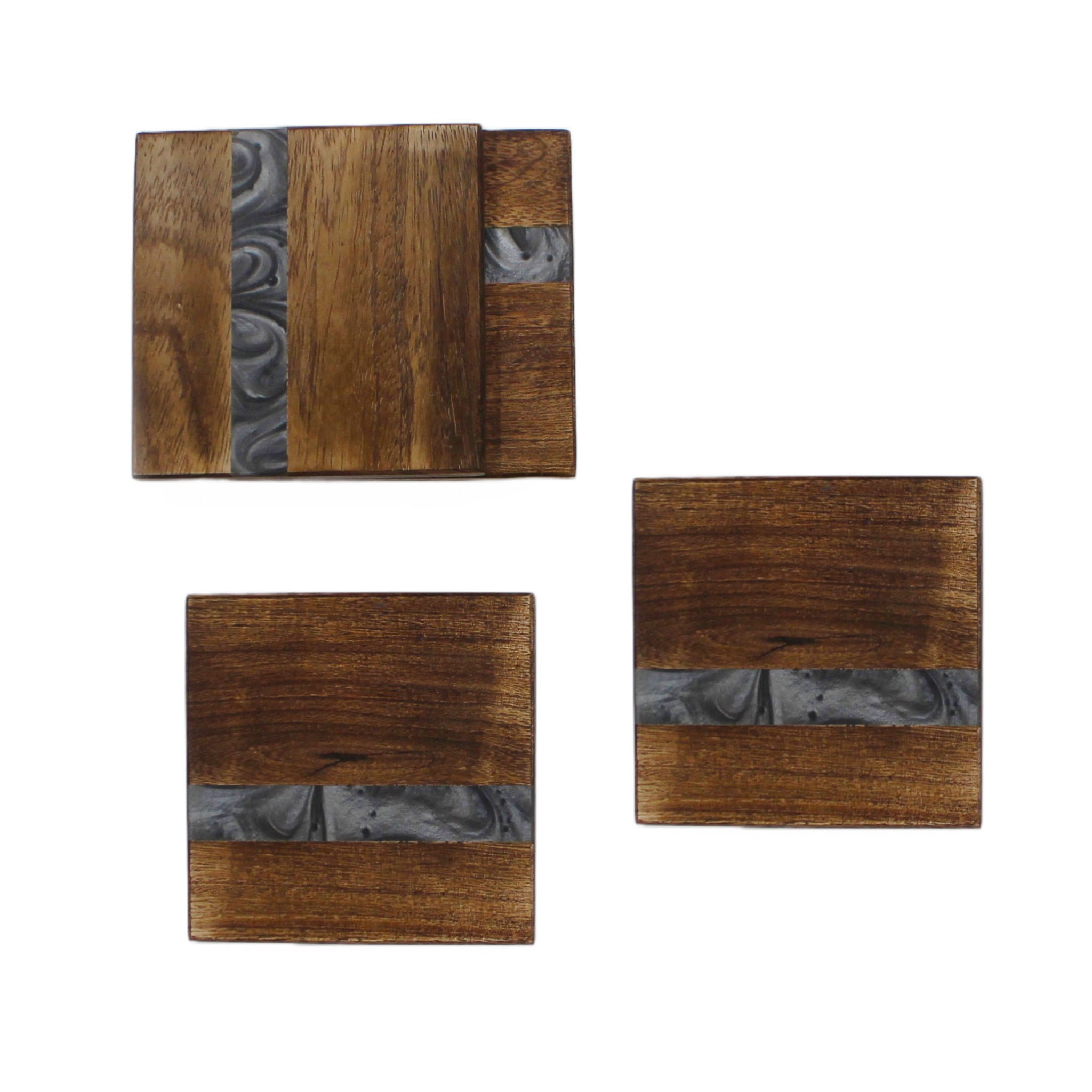 Natural Mango Wood Resin Coaster in Grey, Set of 4