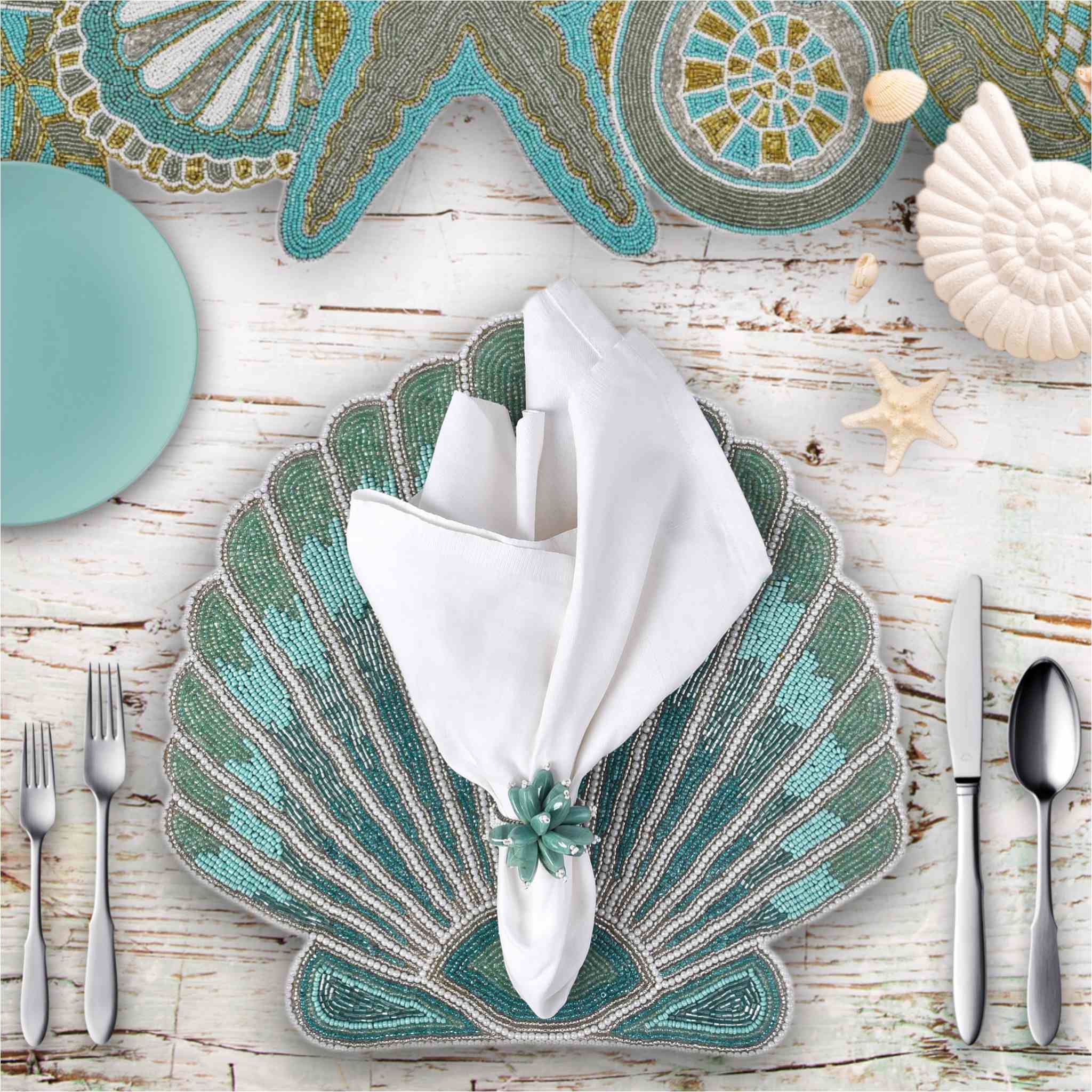 Clam-Up Bead Embroidered Table Setting - Teal