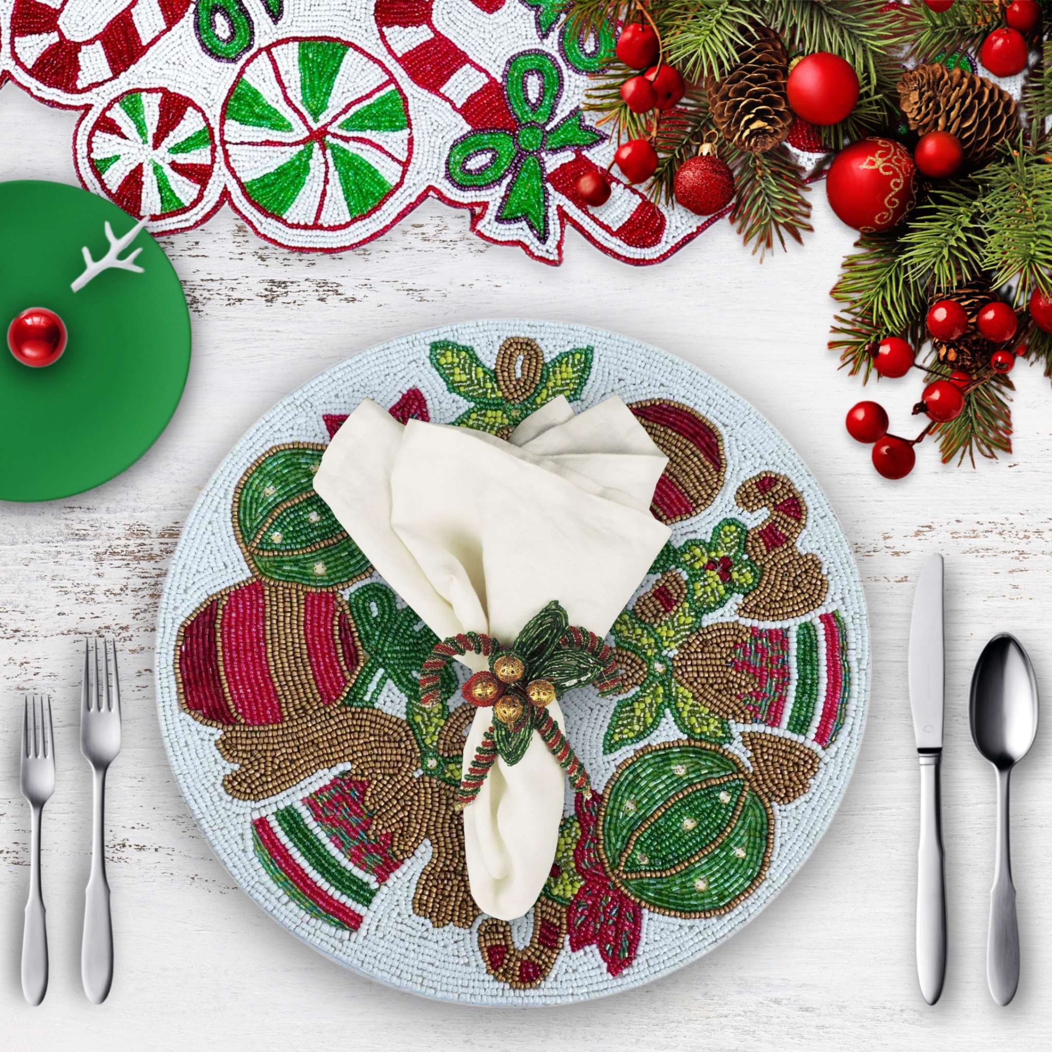 Jingle Balls Bead Table Setting - Red, White & Green