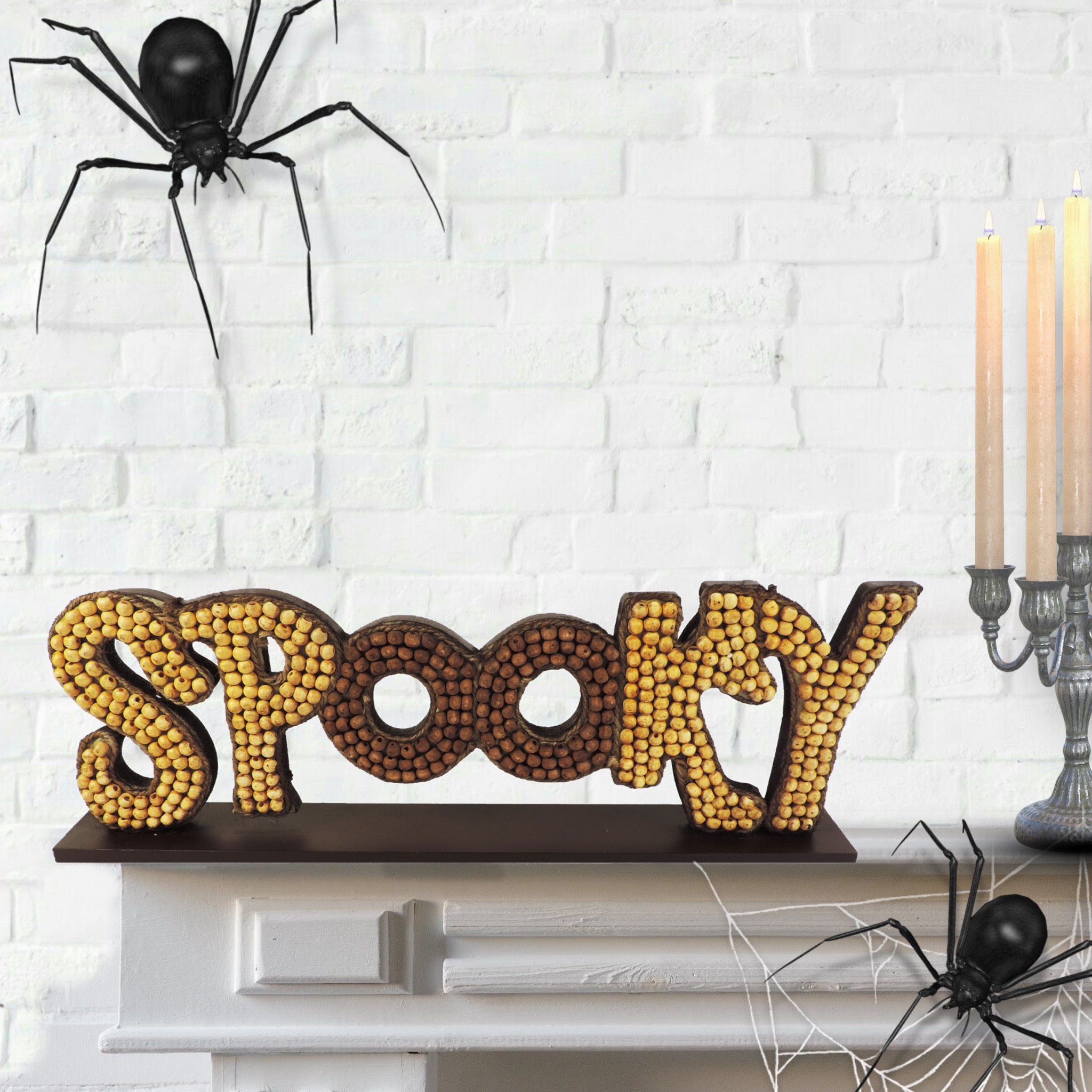 Beaded Wood Sign #Spooky Halloween Table Decor in Natural