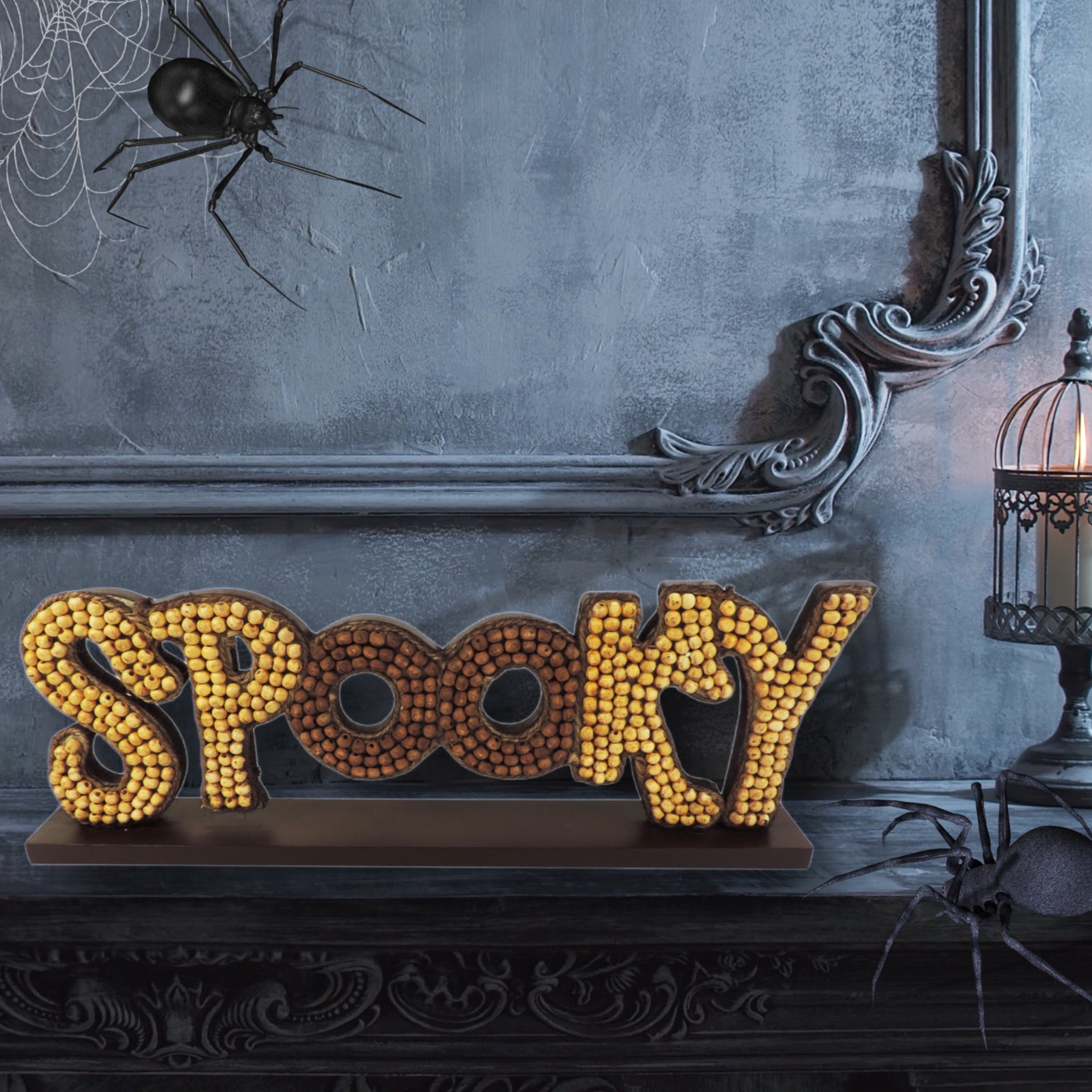 Beaded Wood Sign #Spooky Halloween Table Decor in Natural