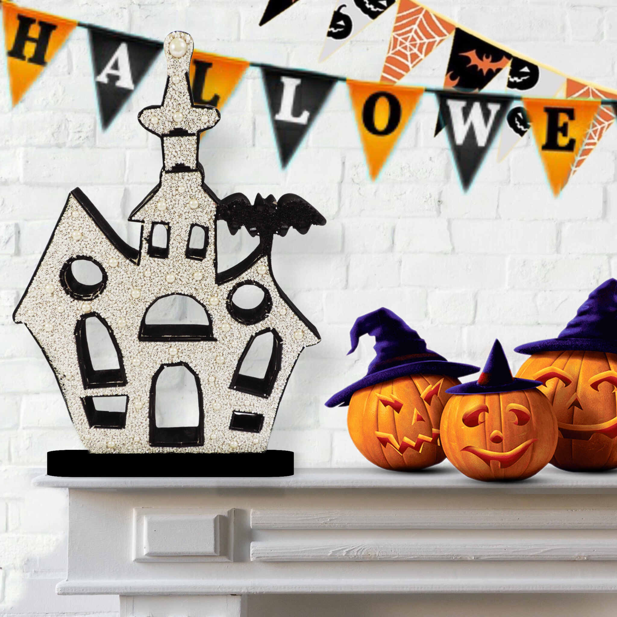 Haunted House Beaded Halloween Table Decor in White & Black