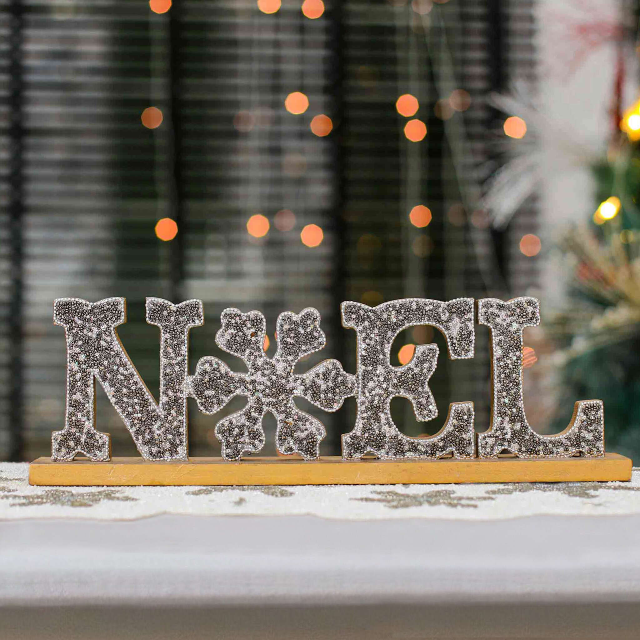 Beaded Wood Sign #Noel Table Decor in Grey & Gold