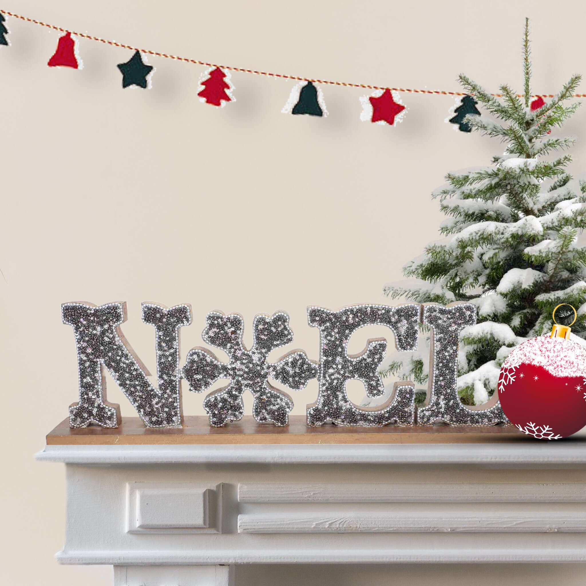 Beaded Wood Sign #Noel Table Decor in Grey & Gold