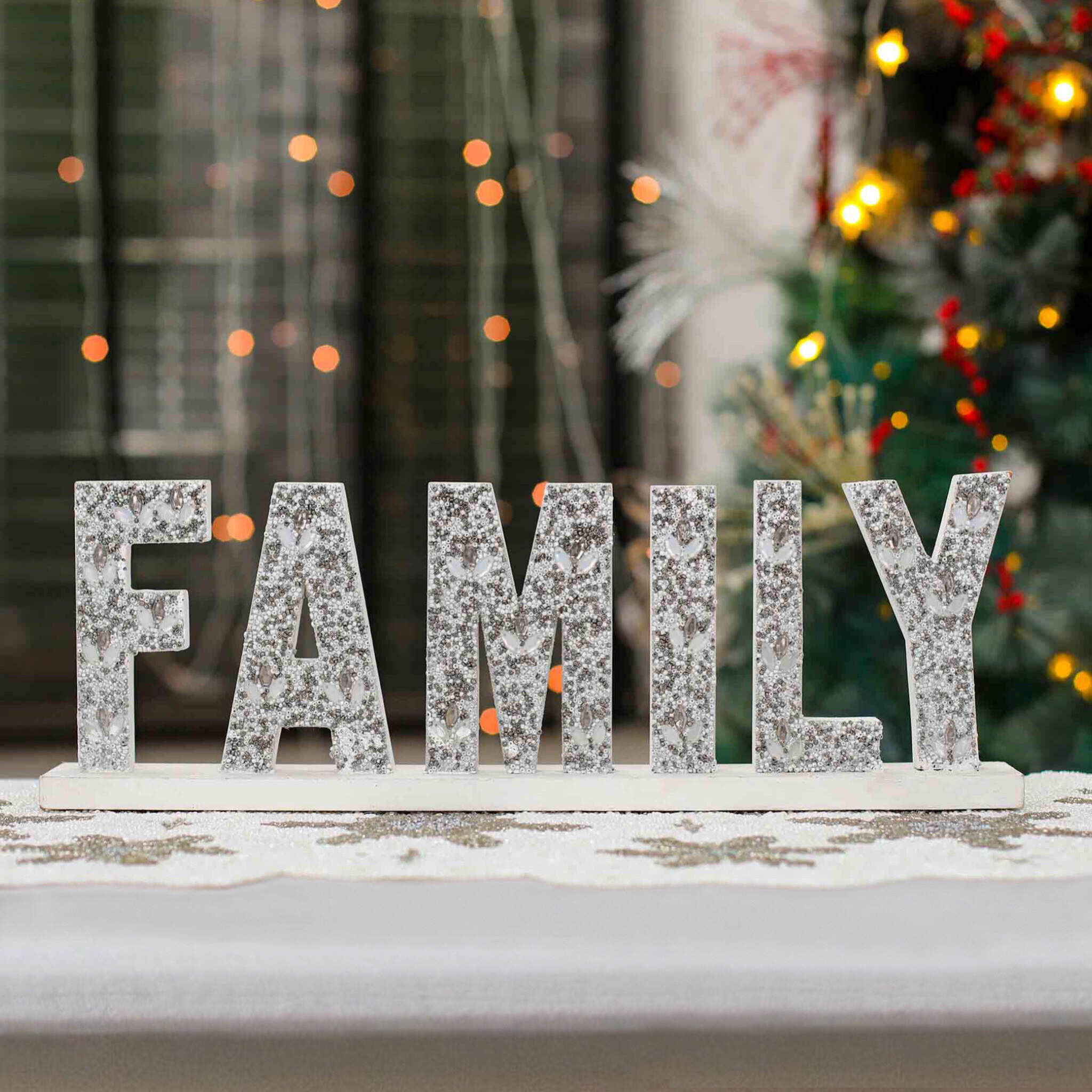 Beaded Wood Sign #Family Table Decor in White & Silver