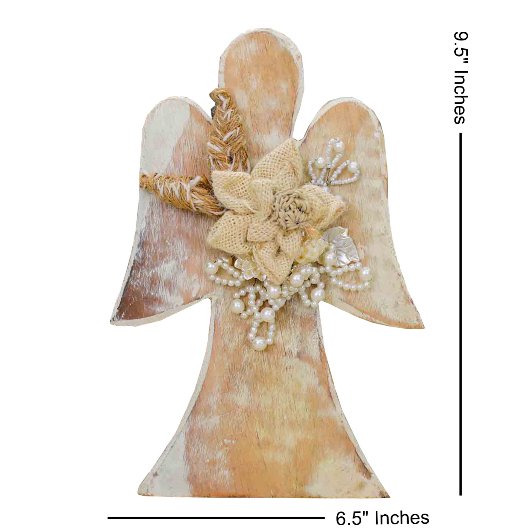 Angel Wood Christmas Figurine with Jute Flower in Cream