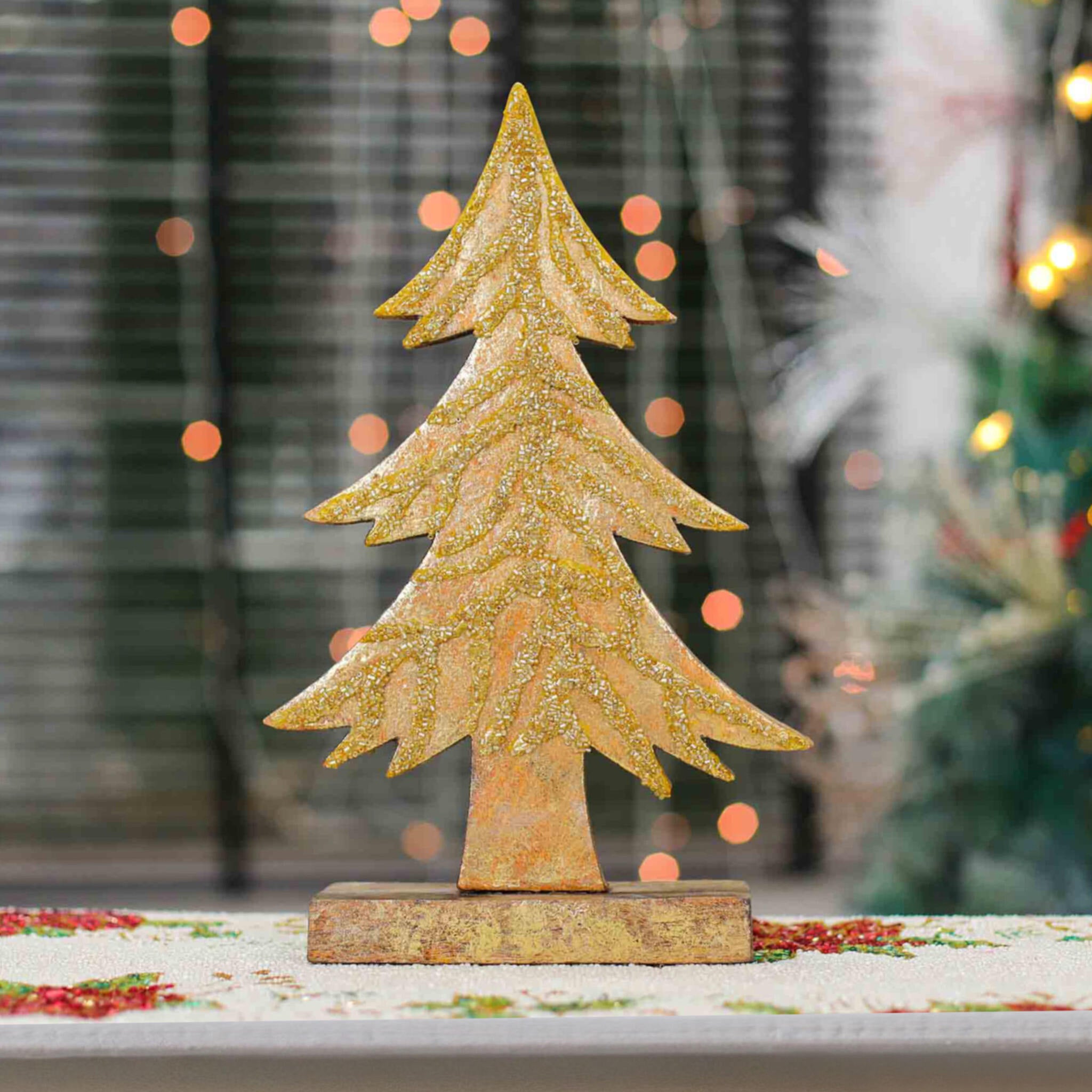 Handmade Gold Beaded Tannenbaum Wood Christmas Tree