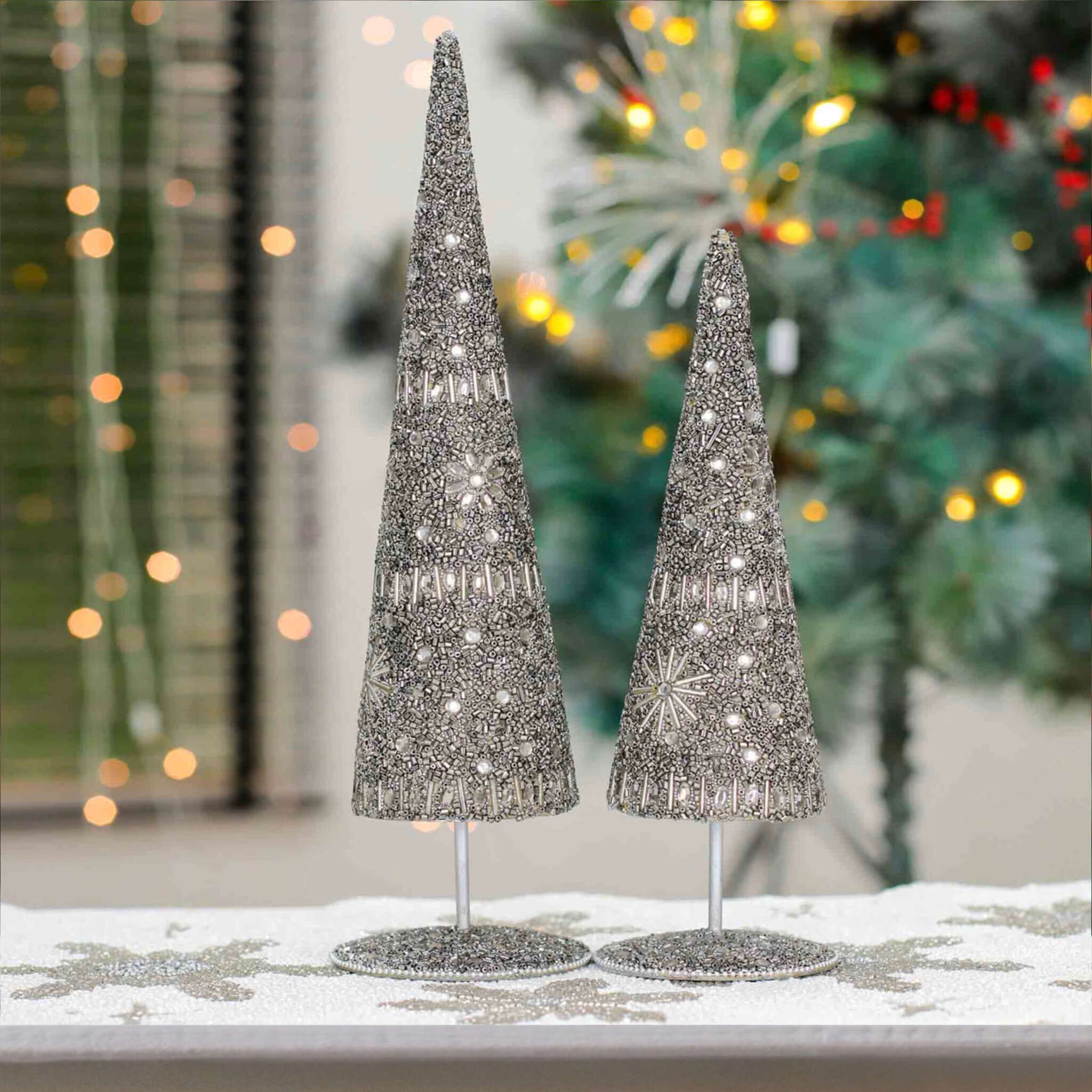 Enchanted Beaded Cone Christmas Tree in Silver, Set of 2