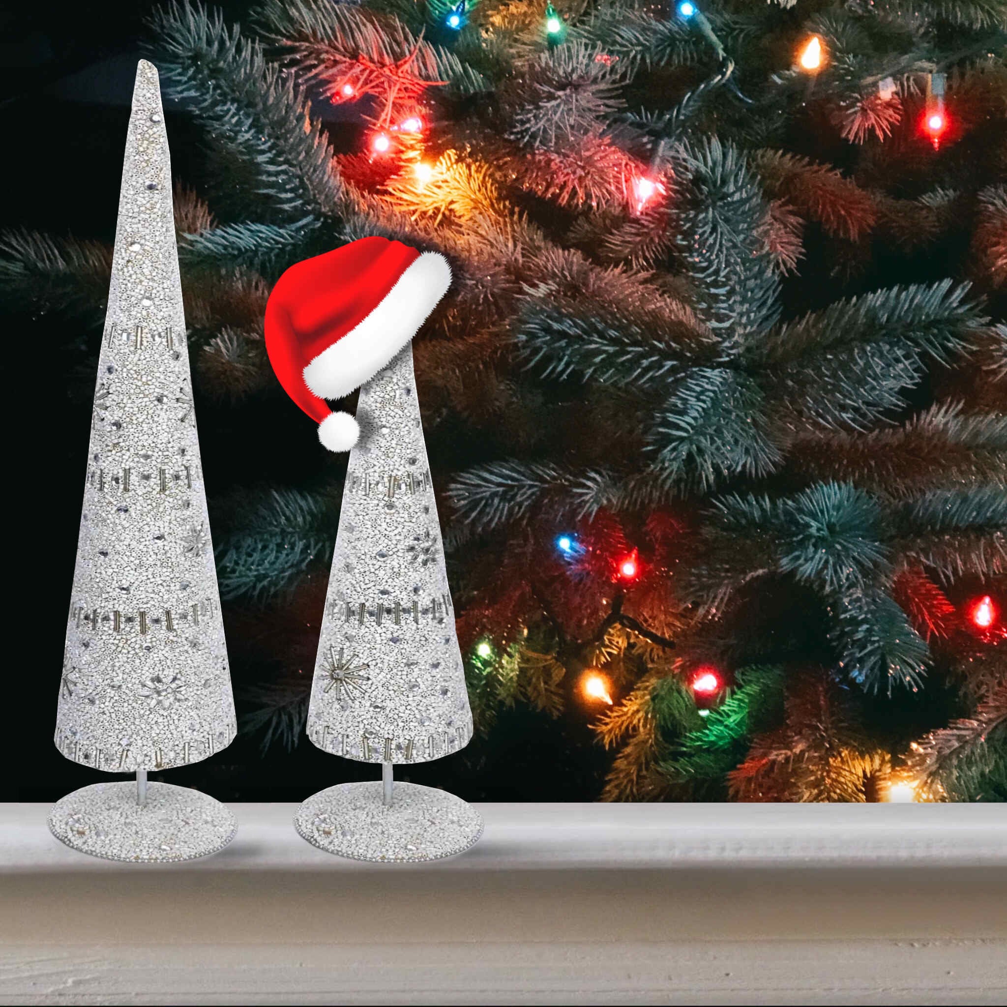 Enchanted Beaded Cone Christmas Tree in White, Set of 2