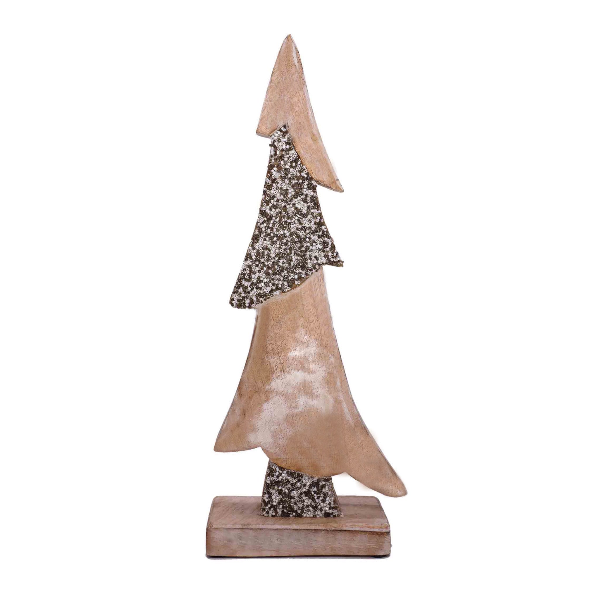 Natural Alpine Wood Christmas Tree with White & Silver Bead