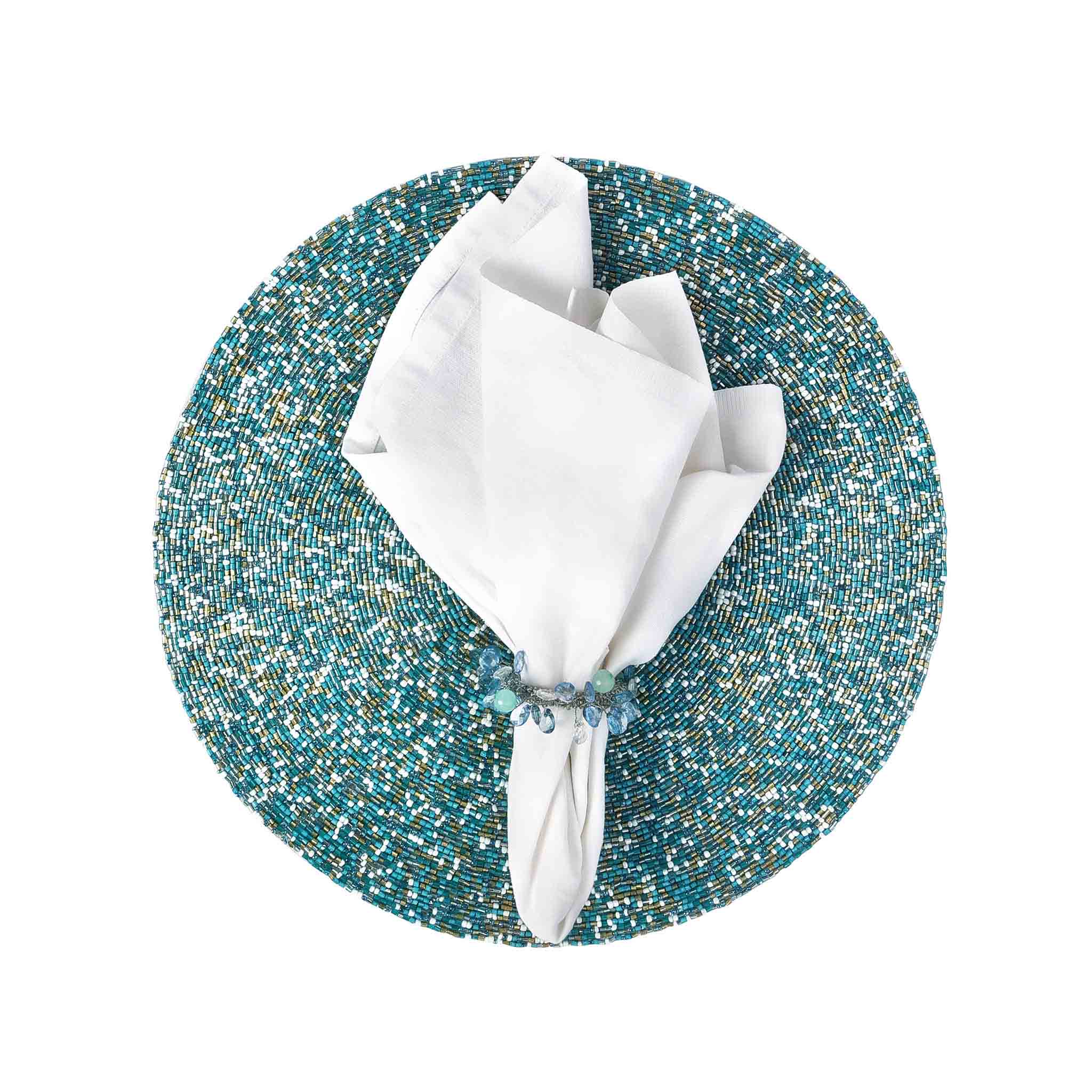 Embroidered Placemat in Teal & Silver, Set of 2/4