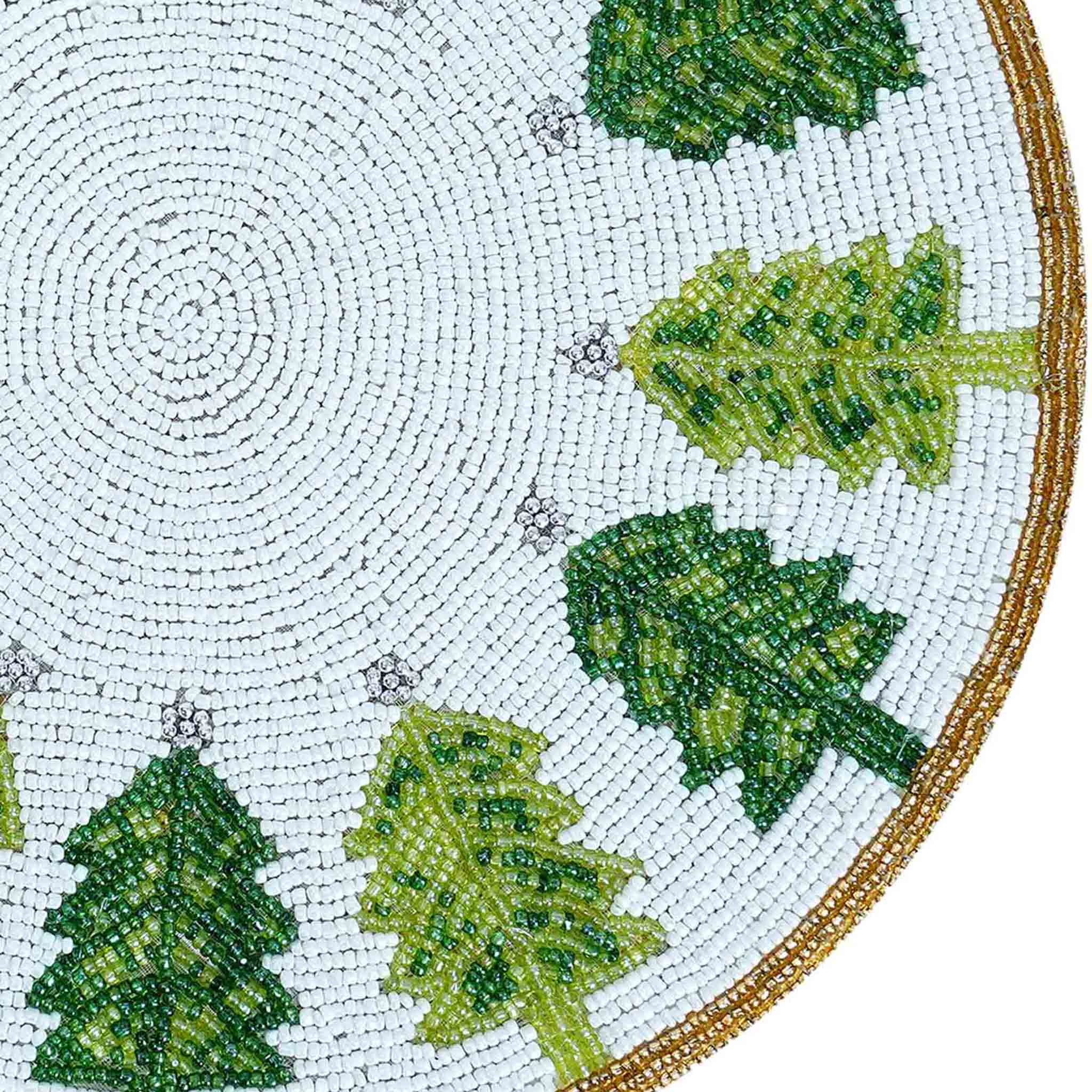 O Christmas Tree Bead Embroidered Placemat in White, Green & Gold, Set of 2/4