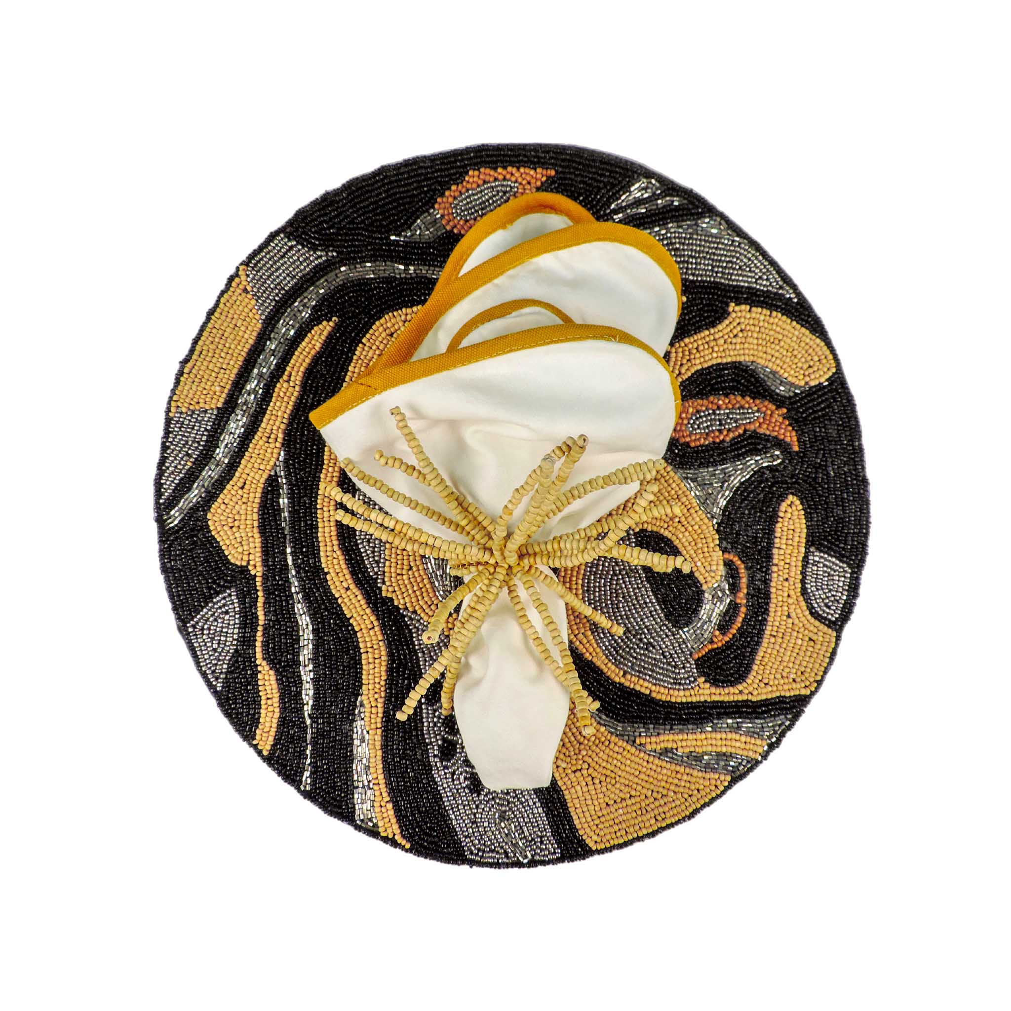 Modern Camo Glass Bead Embroidered Placemat in Natural & Black, Set of 2/4