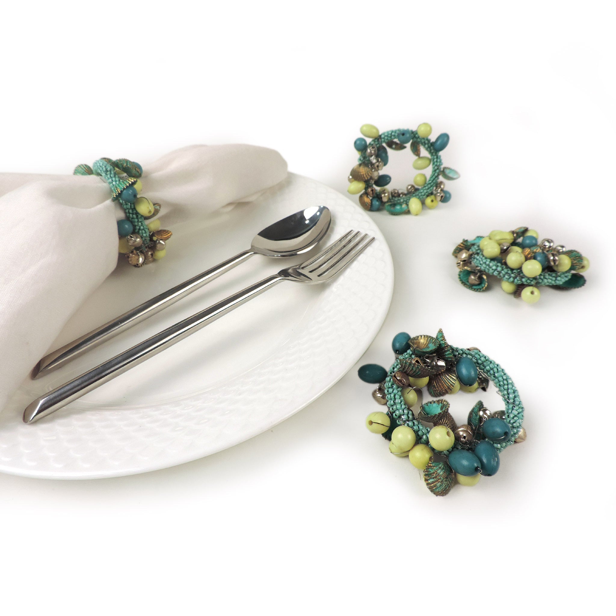 Boho Shell & Bead Napkin Ring<br>Set of 4<br>Color: Turquoise