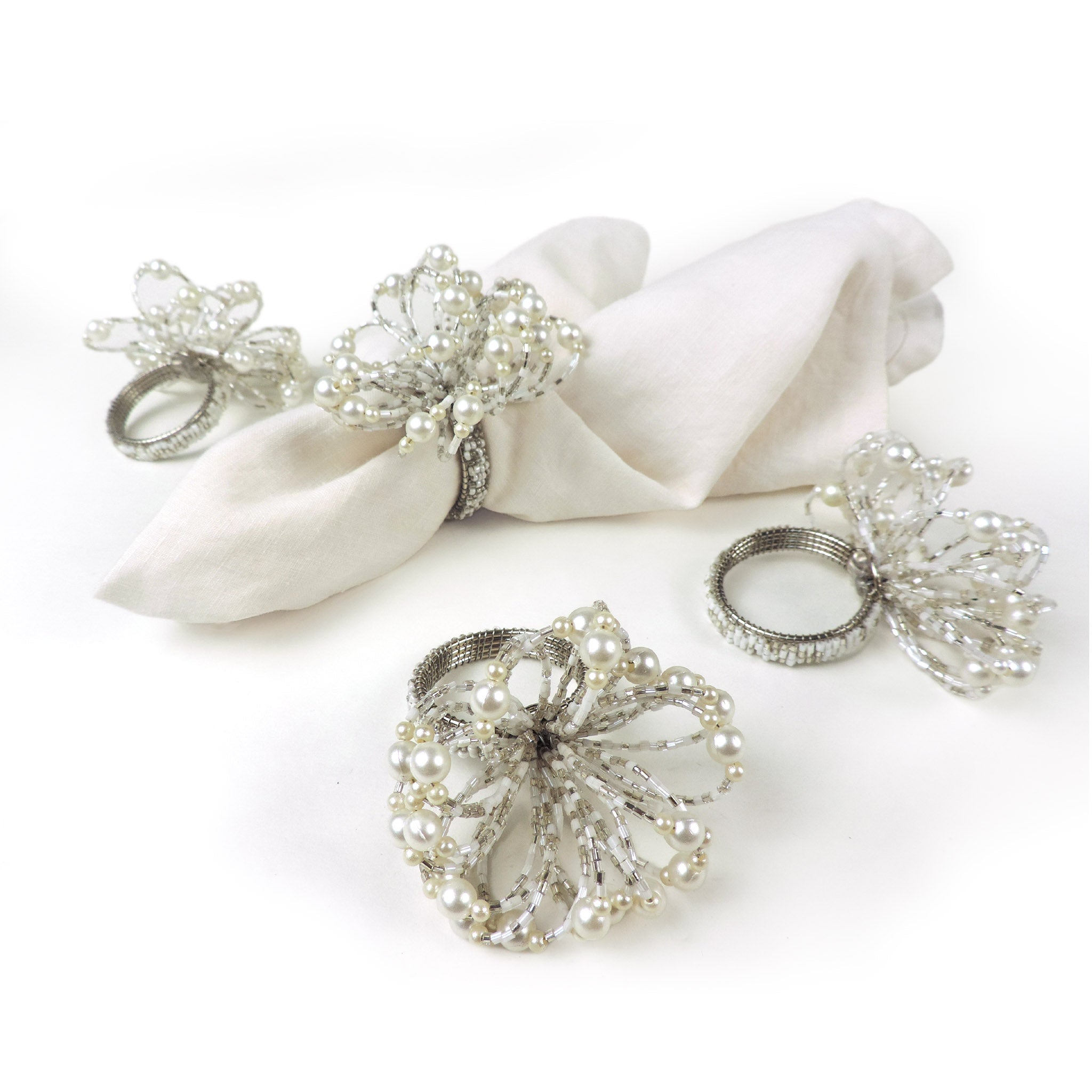 Pearl Flower Napkin Ring in White & Silver, Set of 4