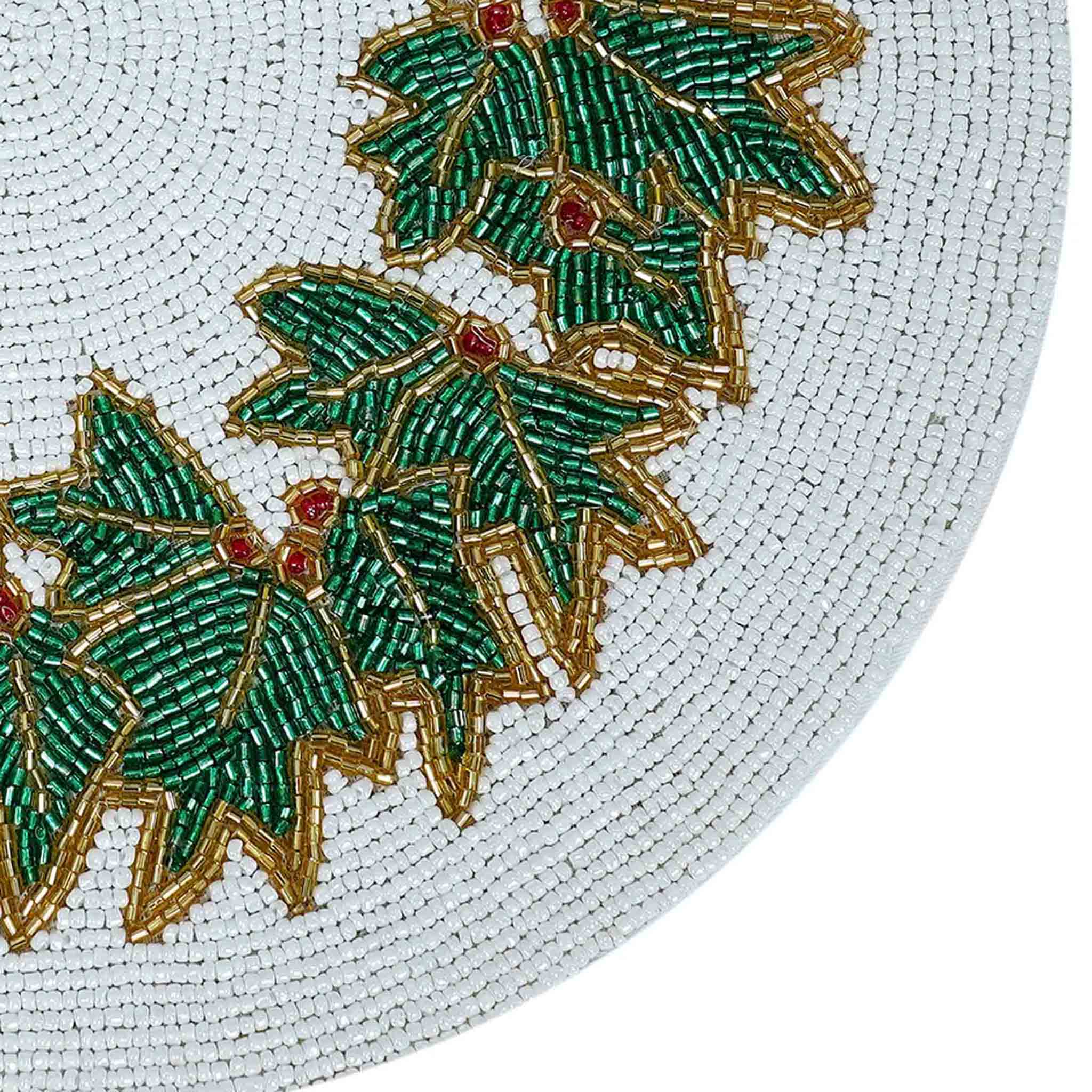 Holly Berry Bead Embroidered Placemat in White, Red & Green, Set of 2/4