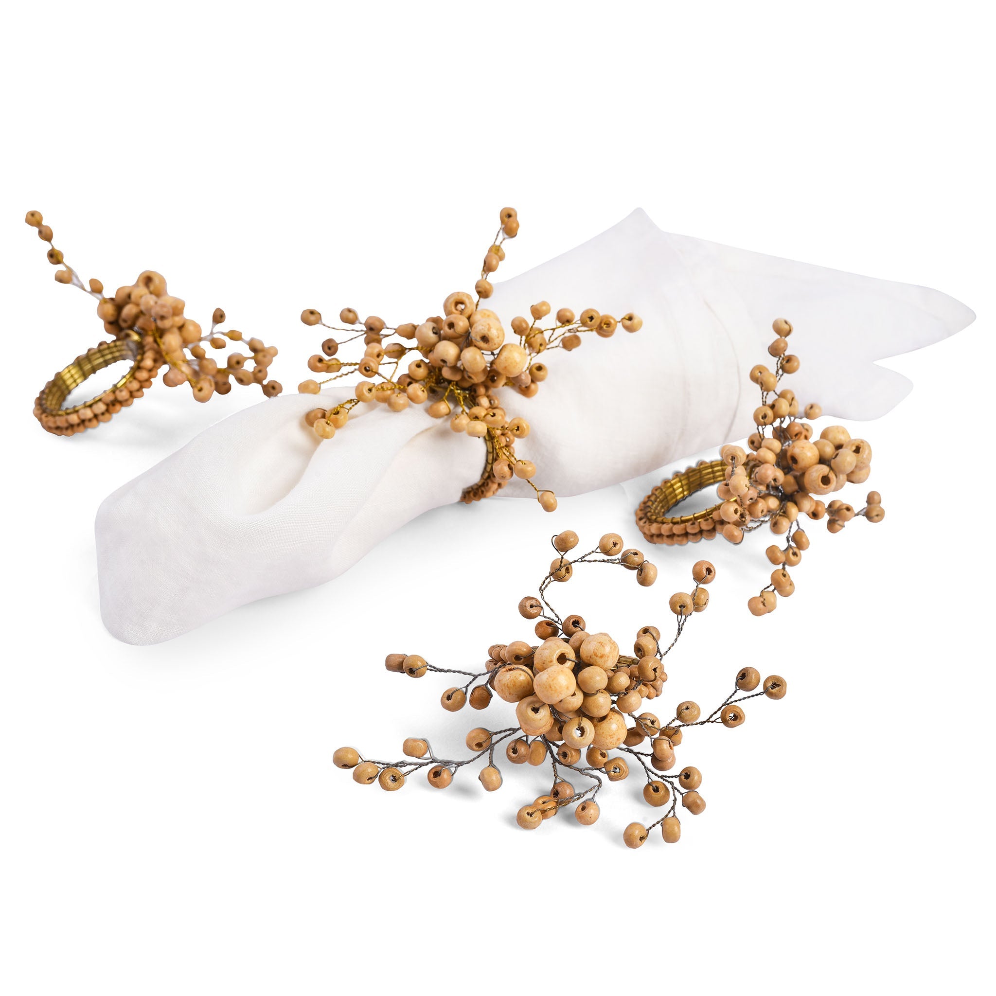 DiVine Wood Beaded Napkin Ring in Natural, Set of 4