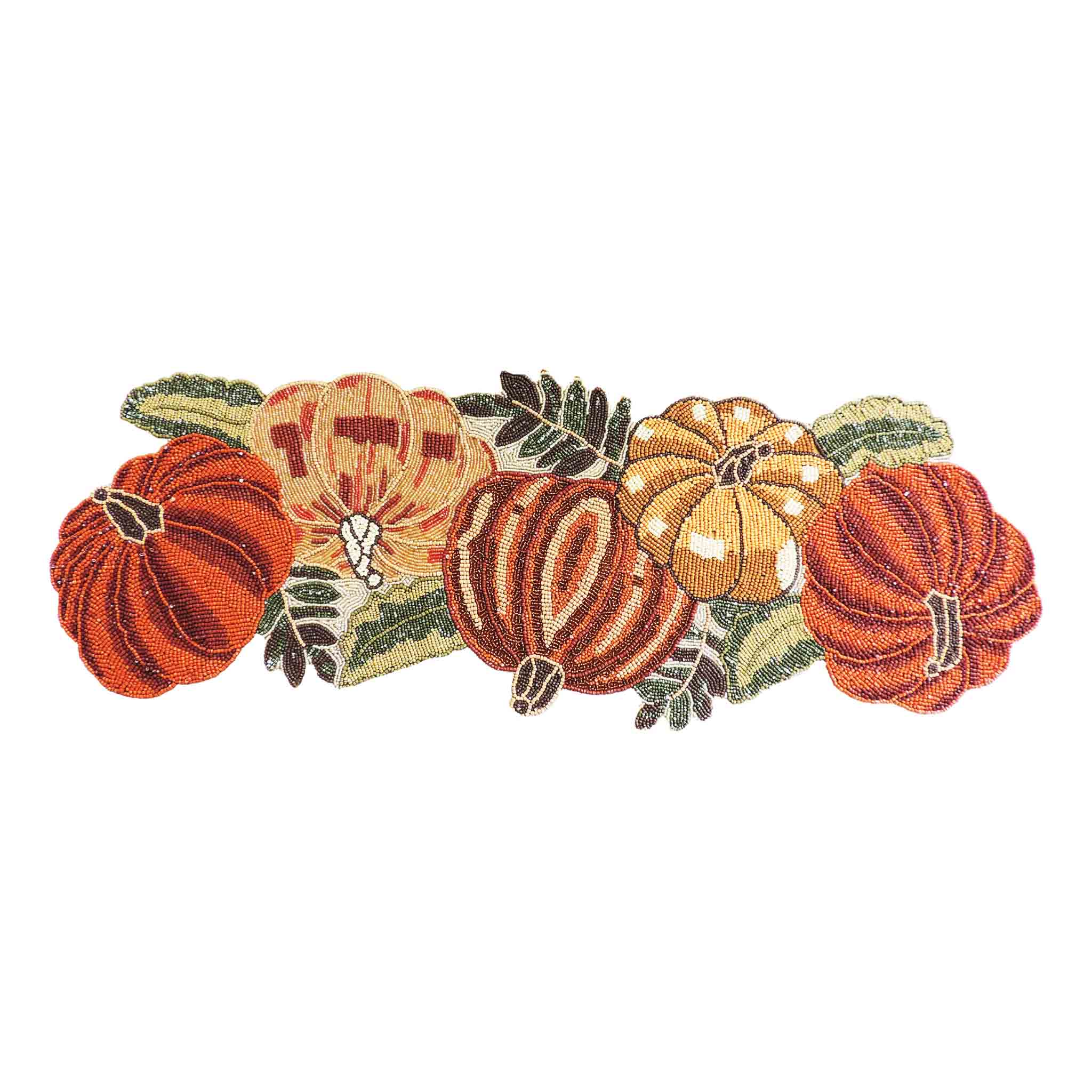 Daisy Gourd Glass Bead Embroidered Table Runner<br>Size: 36" x 13"<br>Color: Orange Gold Green