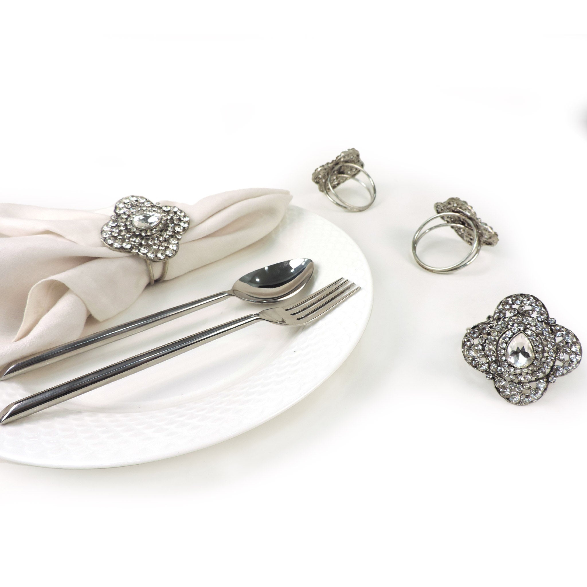 Bold & Beautiful Jeweled Napkin Ring<br>Color: Silver<br>Size: 2.20"x2"<br>Set of 4