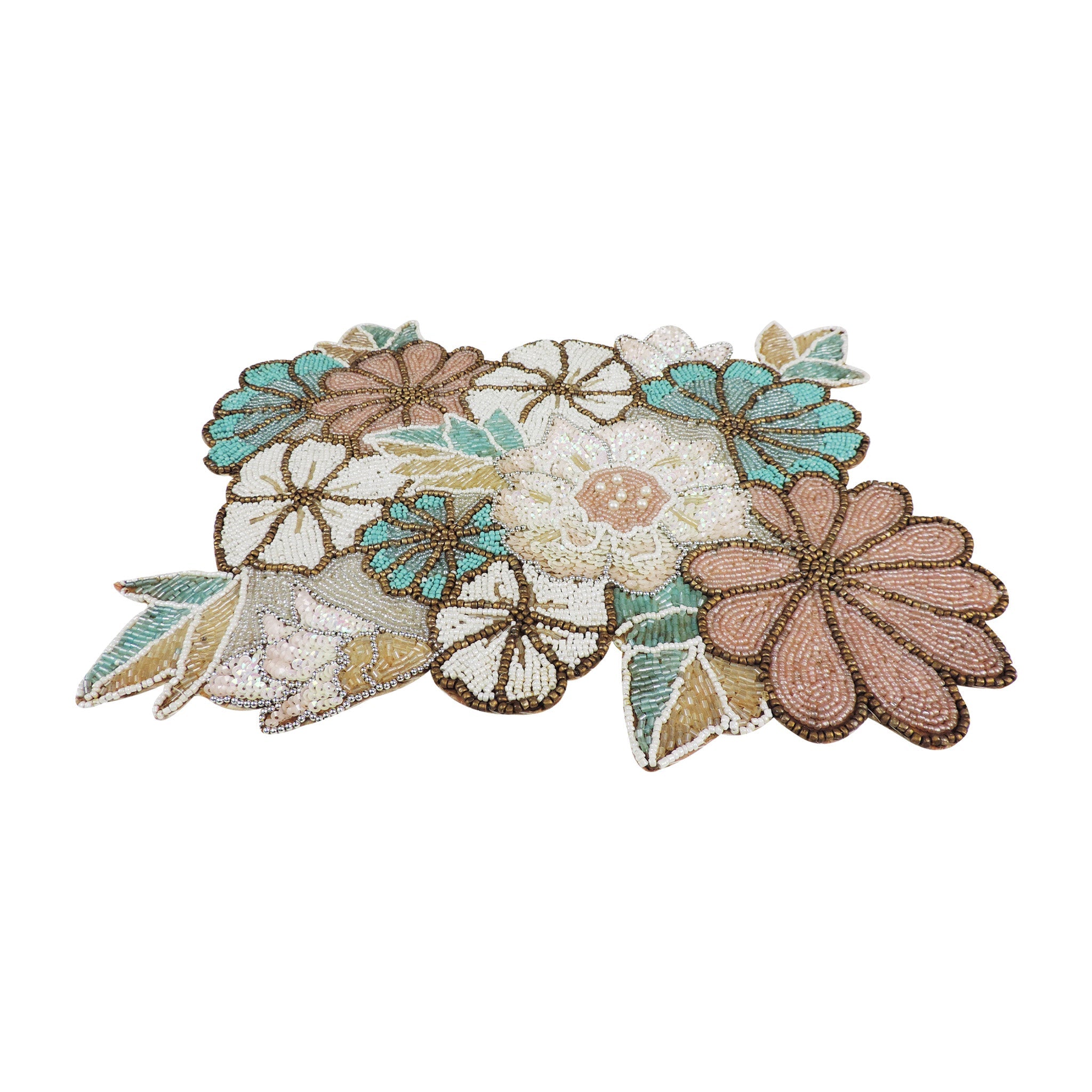 Autumn Blooms Bead Embroidered Placemat in Teal & Grey, Set of 2/4