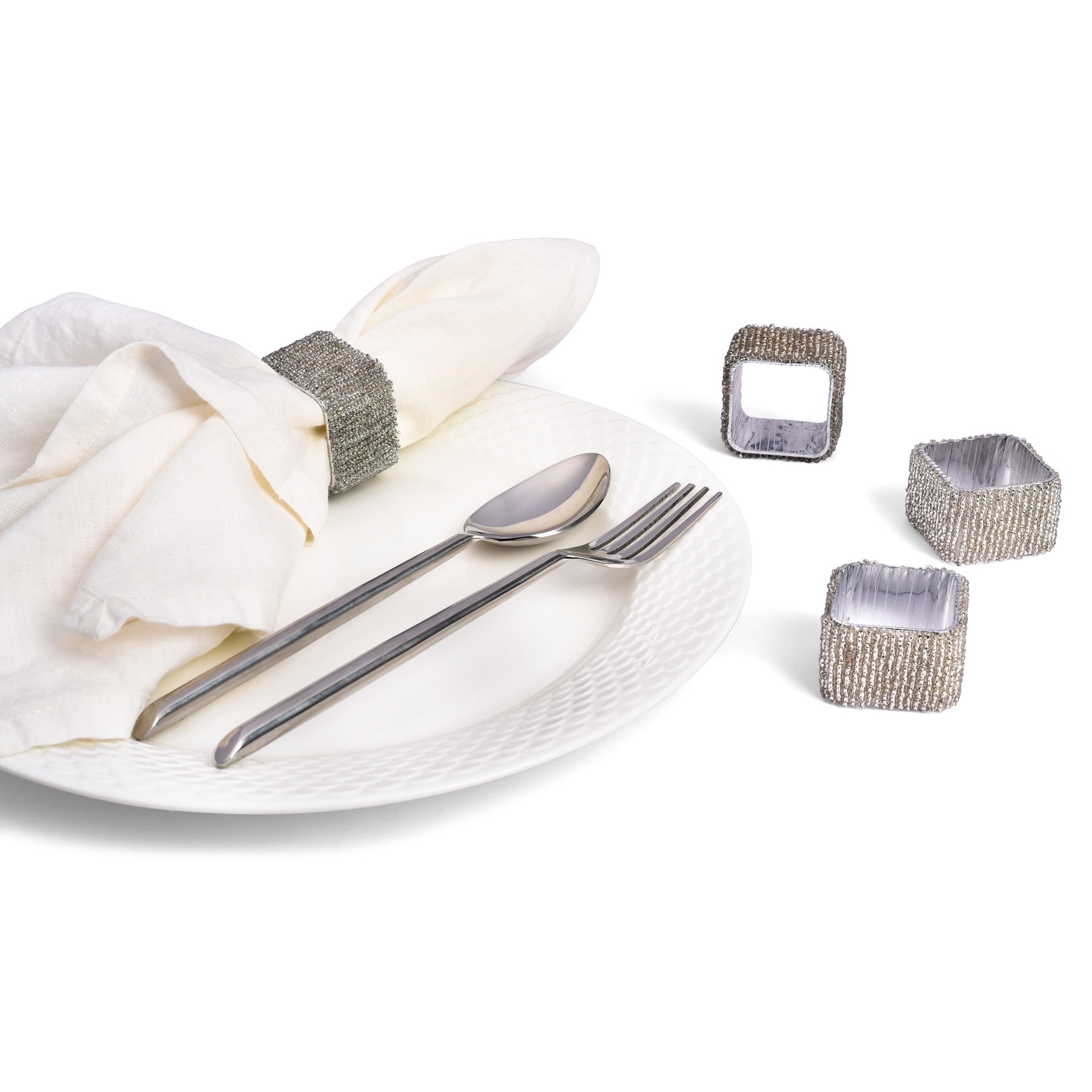 Classic Square Napkin Ring in Silver, Set of 4