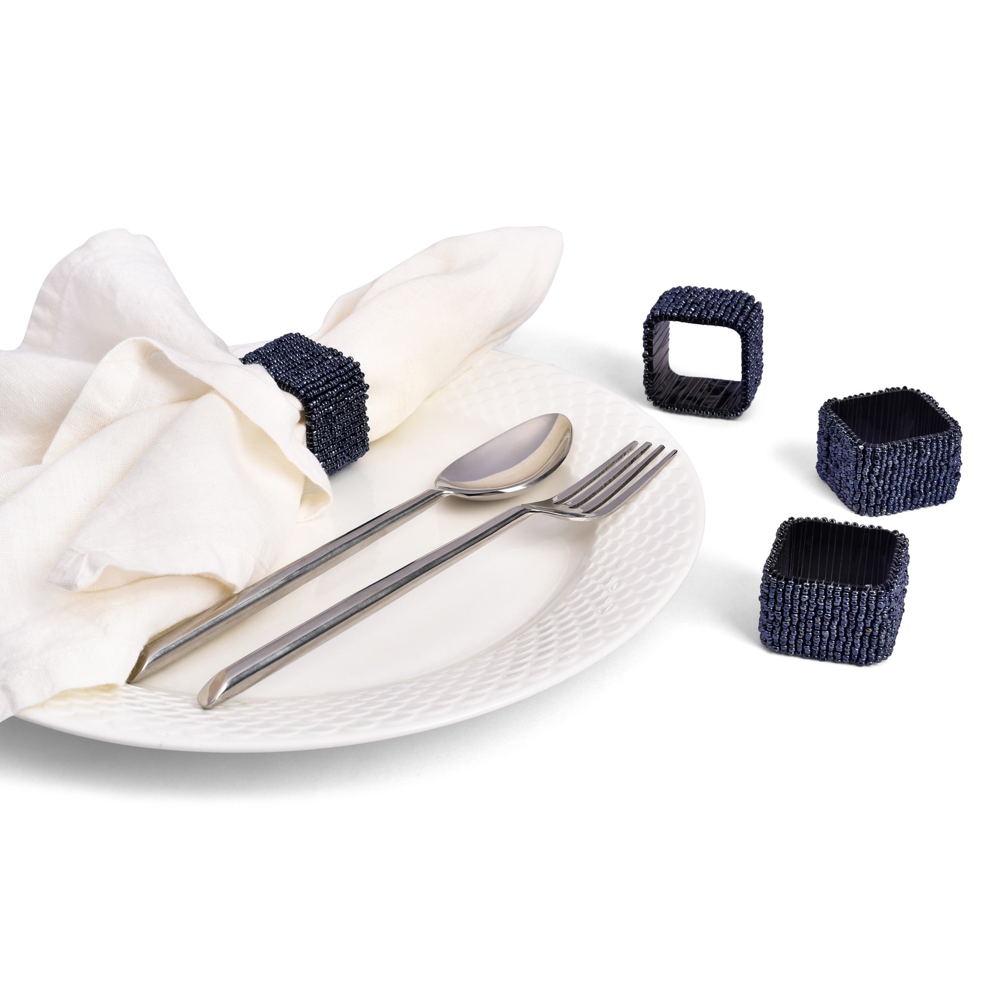 Classic Square Napkin Ring in Luster Blue, Set of 4