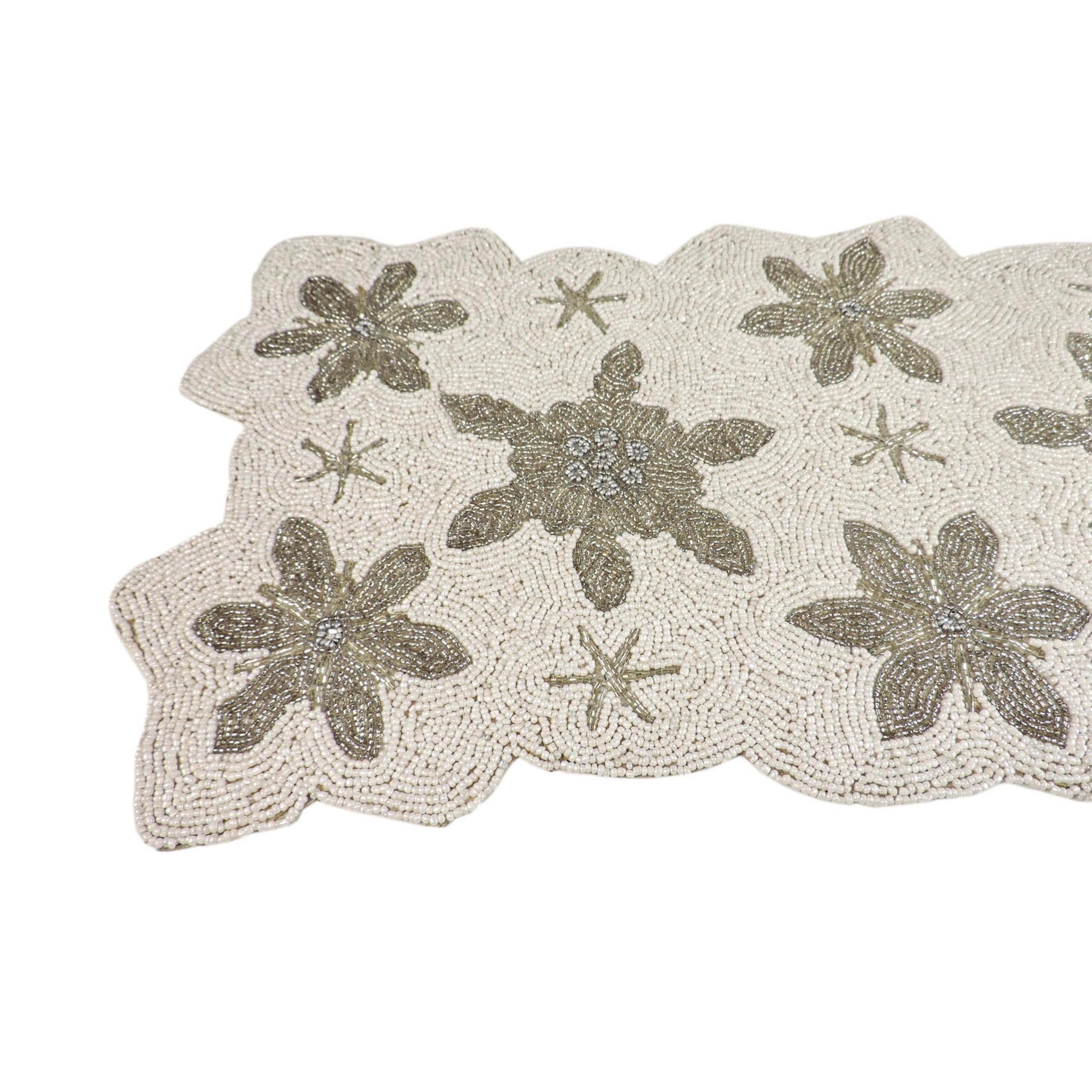 Let it Snow Bead Embroidered Table Runner in White & Silver