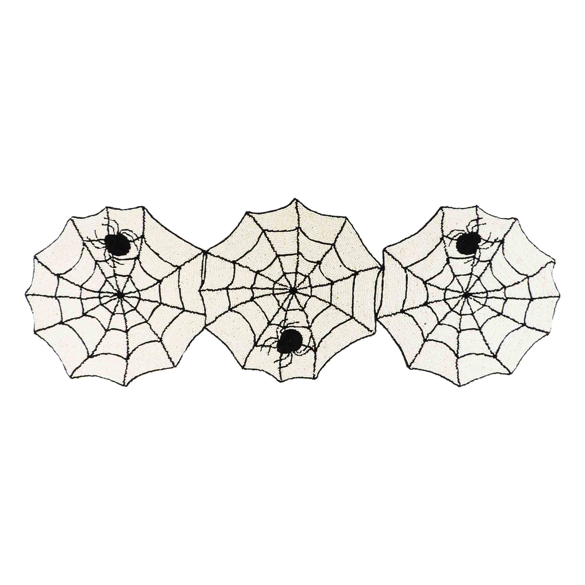 Halloween Spiderweb Glass Bead Embroidered Table Runner in Black & Cream