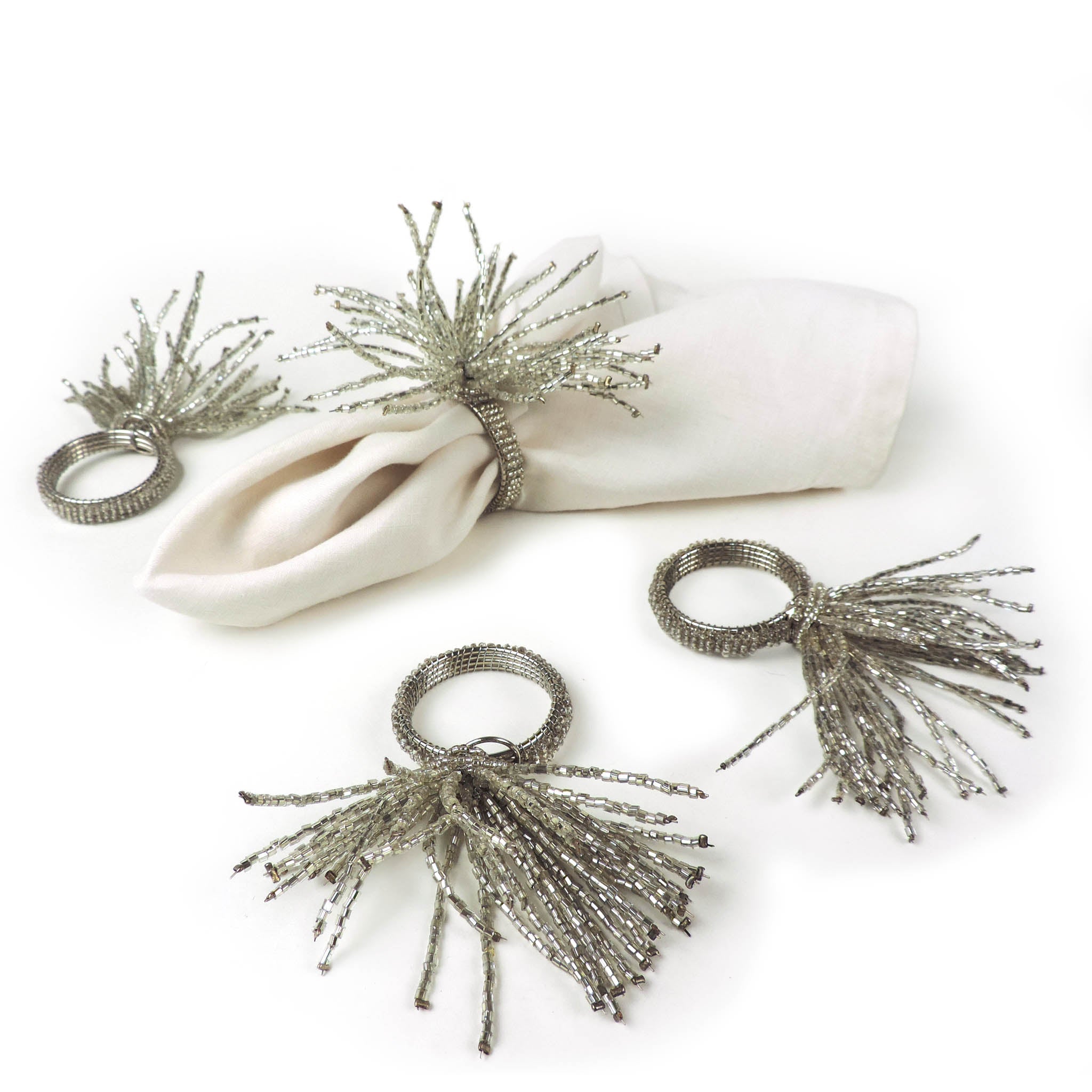 Tasseled Glass Bead Napkin Ring in Silver, Set of 4