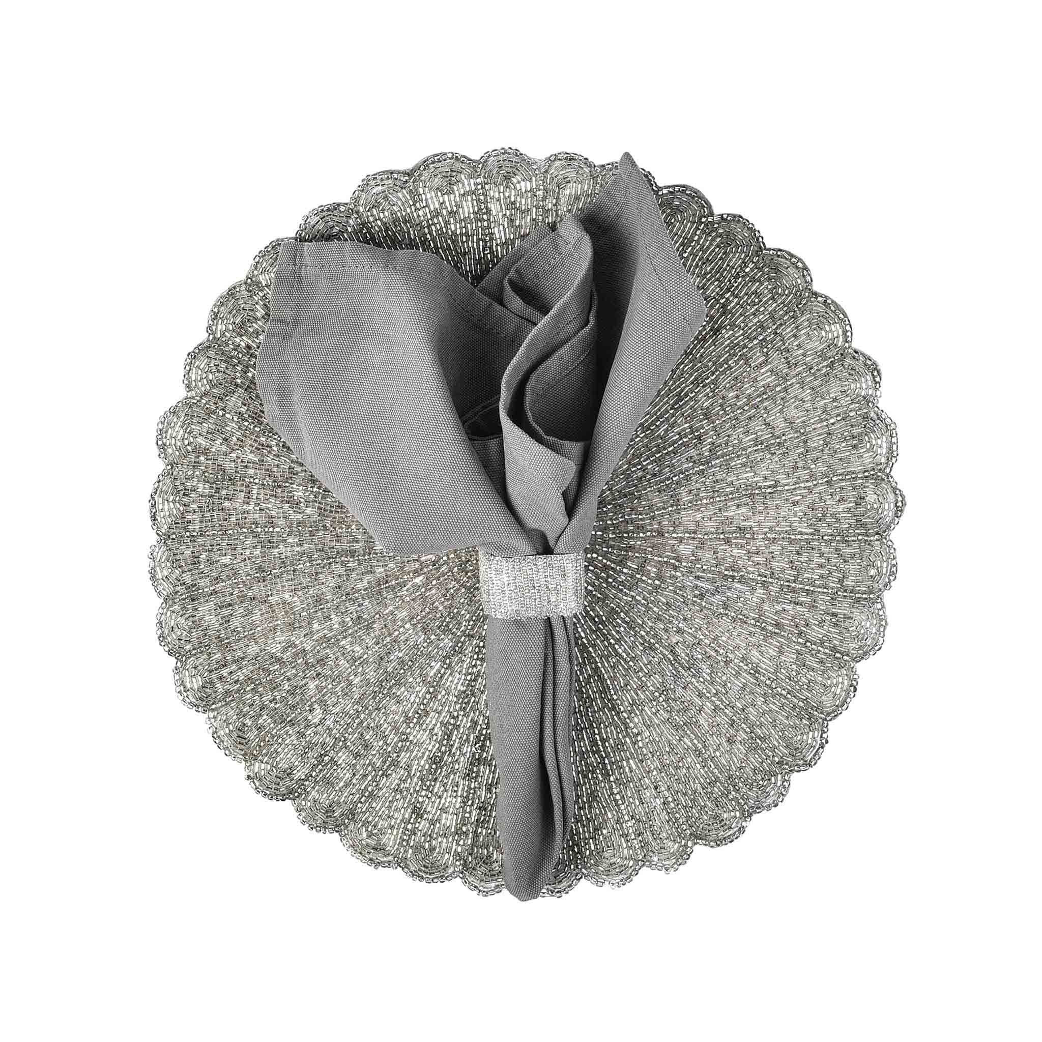 Scalloped Embroidered Placemat<br>Color: Silver<br>Set of 2/4<br>Size: 13.5" Round