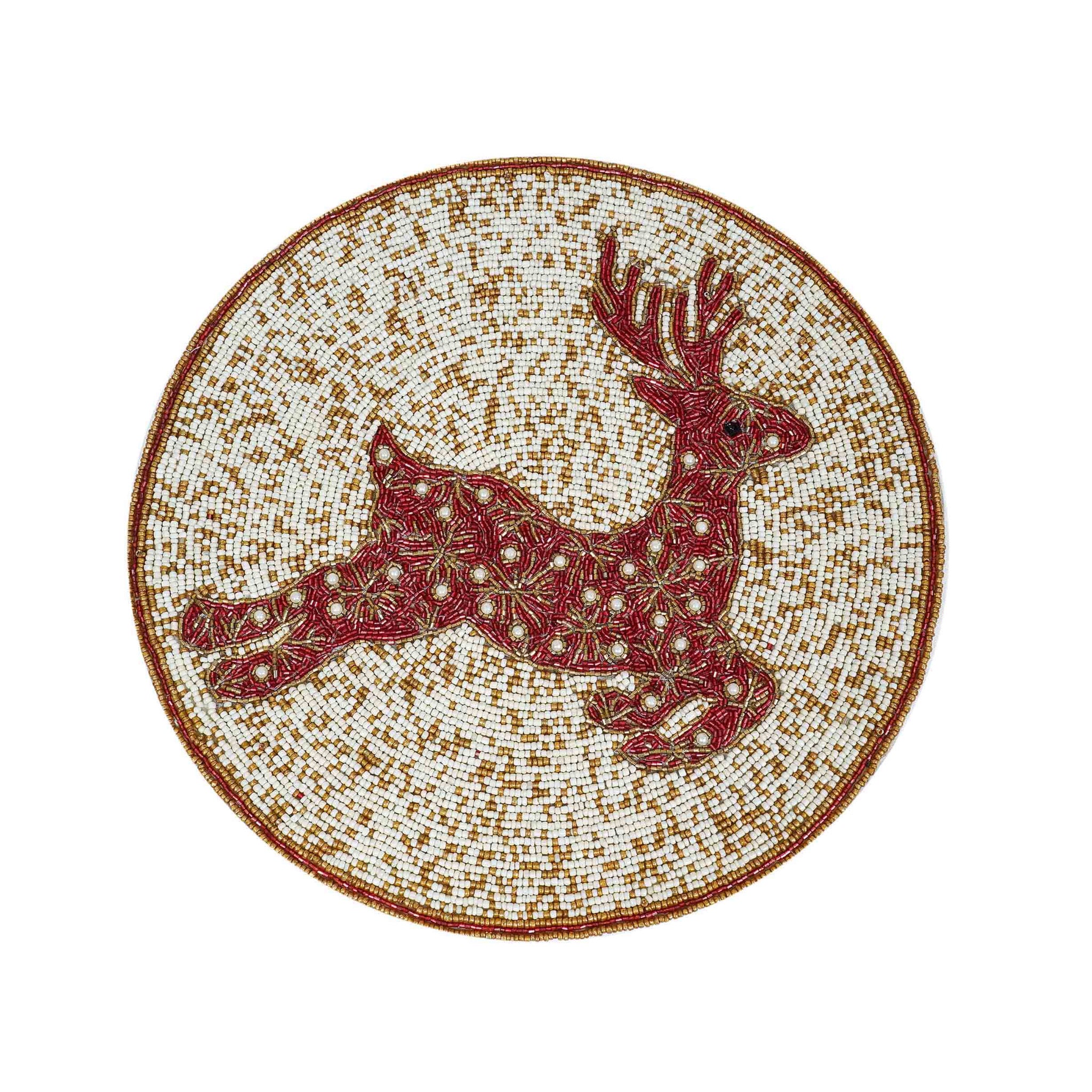 Be A Deer Bead Embroidered Placemat in Cream & Red, Set of 2/4