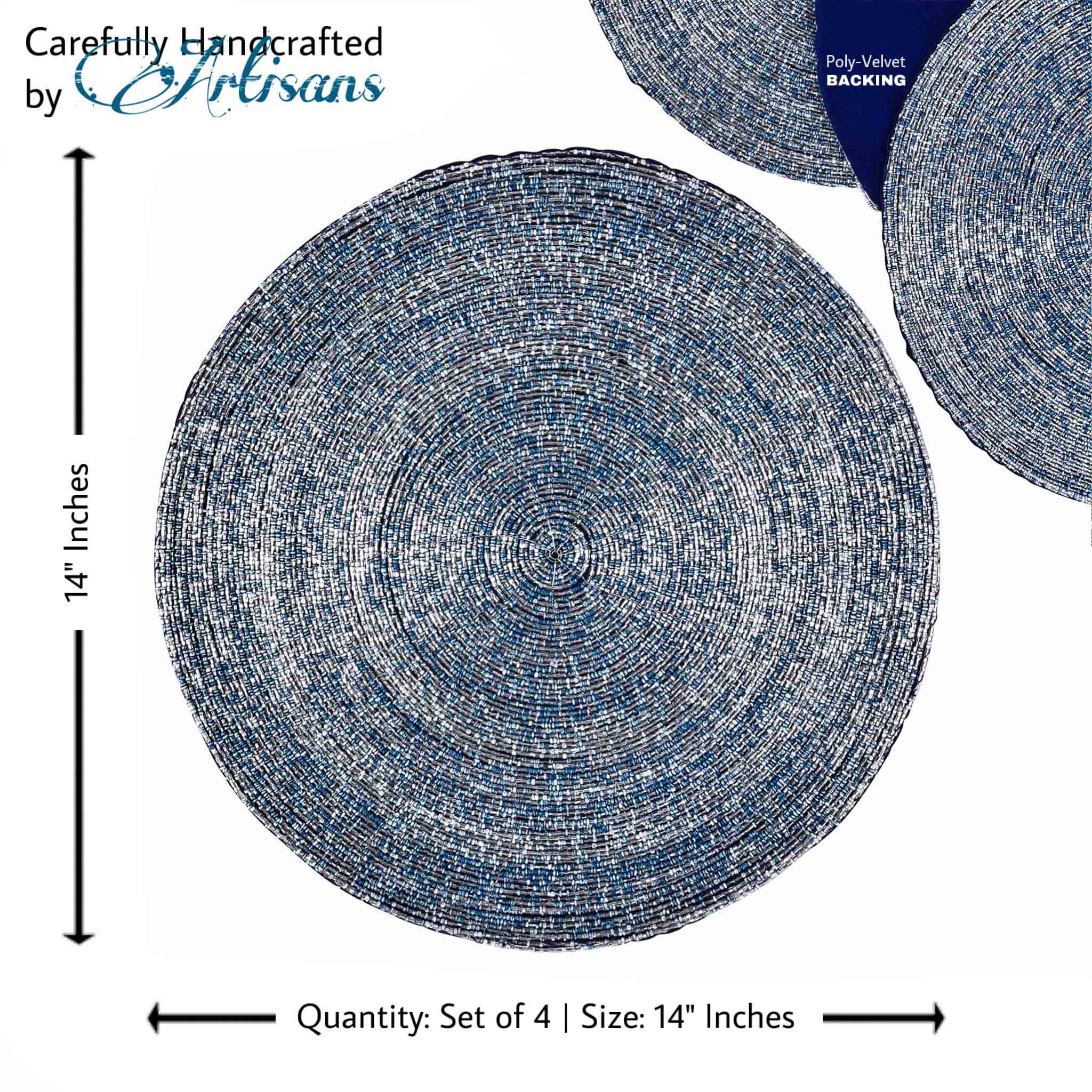 Glass Beaded Placemat<br>Size: 13.5" Round<br>Set of 4<br>Color: Dark Blue Mix