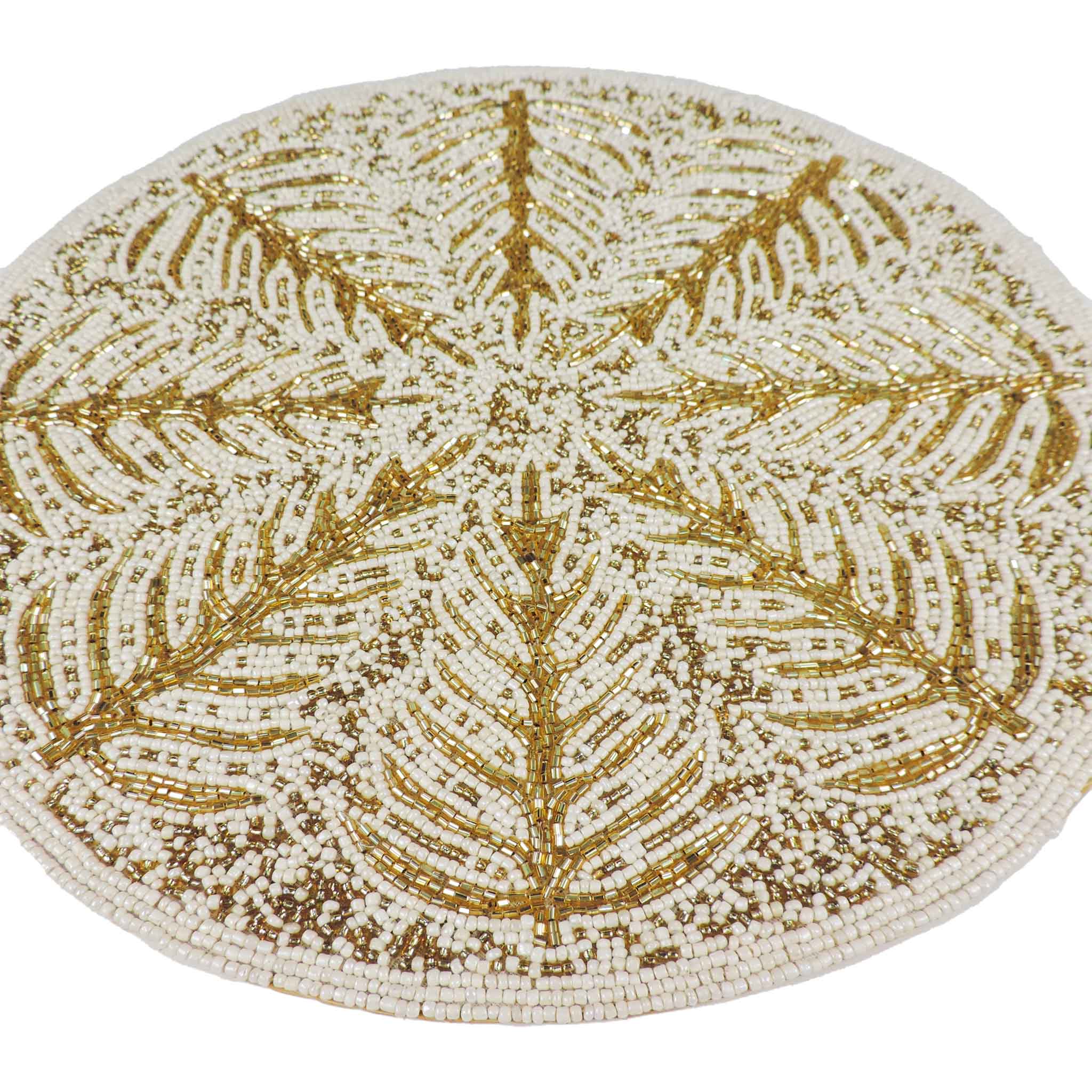 Tree of Life Glass Bead Embroidered Placemat in Cream & Gold, Set of 2