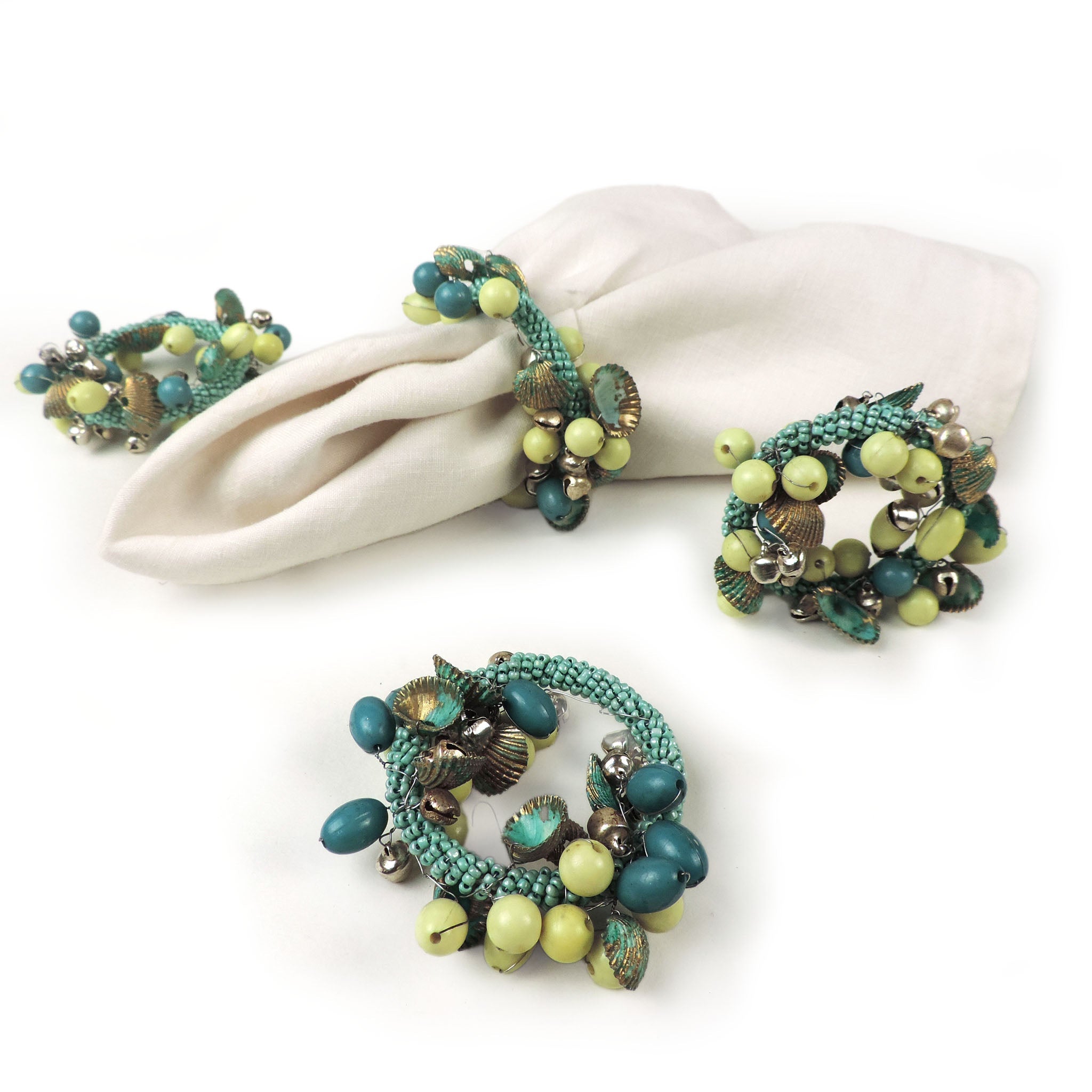 Boho Shell & Bead Napkin Ring<br>Set of 4<br>Color: Turquoise