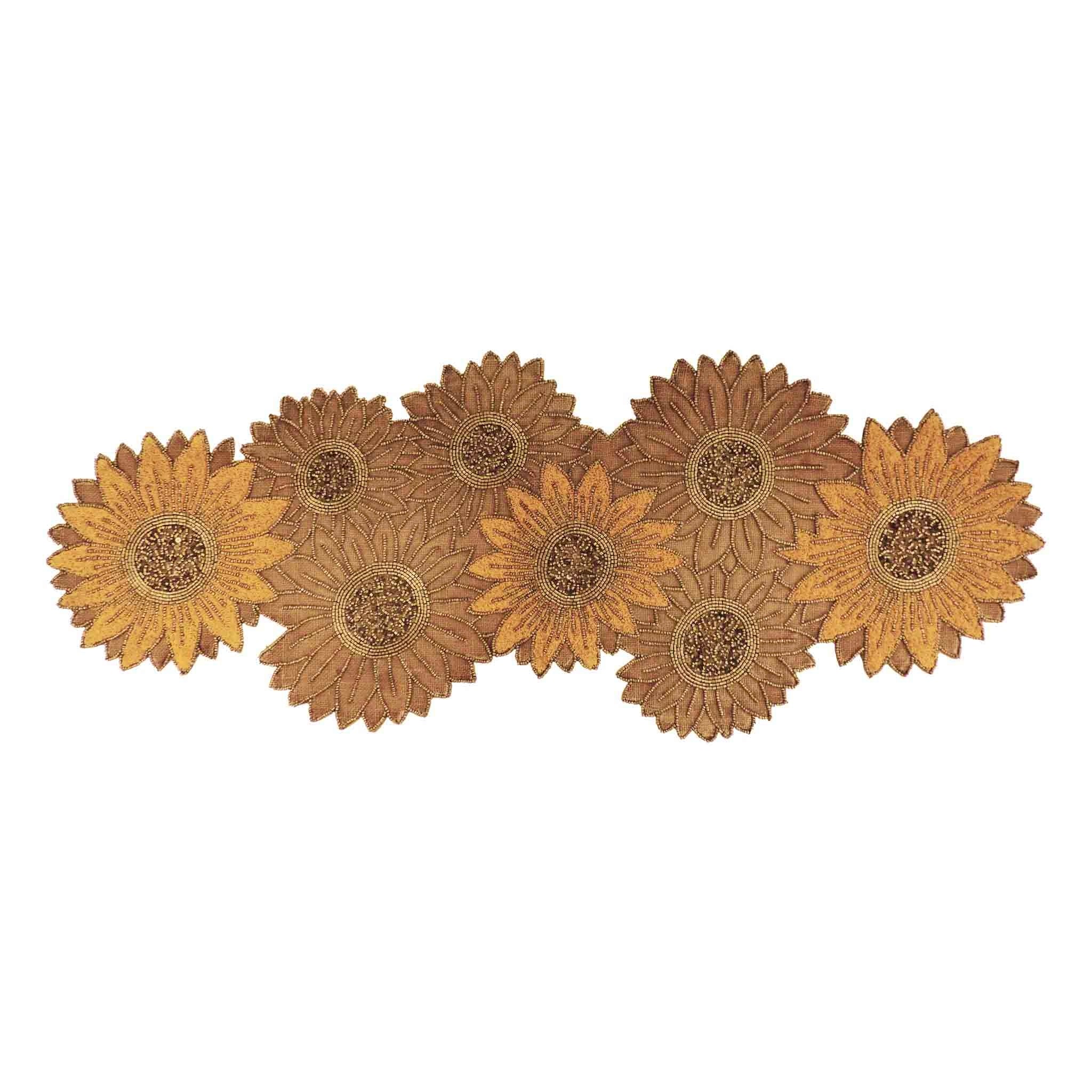 Sunflower Glass Bead Embroidered Table Runner in Natural Gold