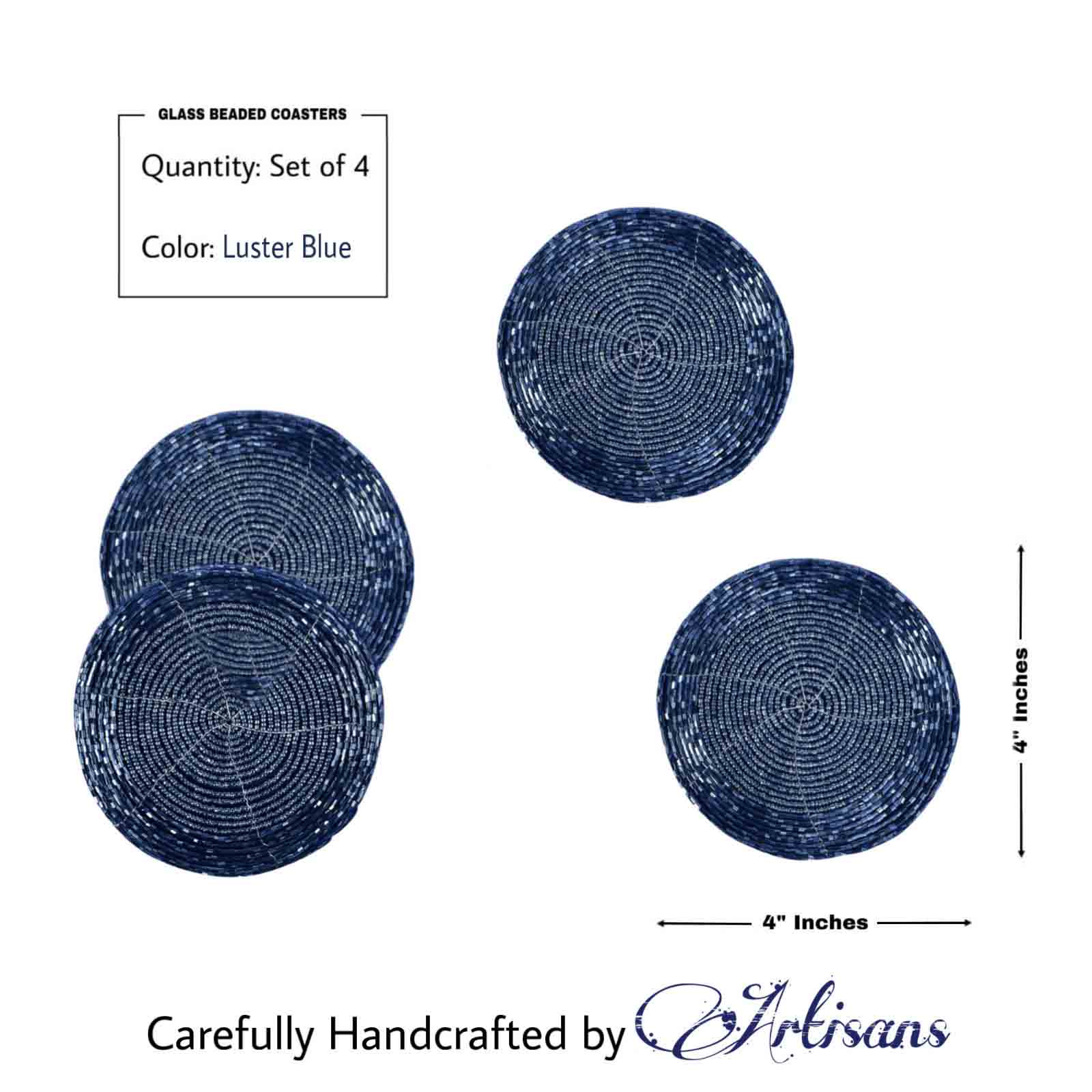 Glass Beaded Coaster<br>Color: Luster Blue<br>Size: 4" Round<br>Set of 4
