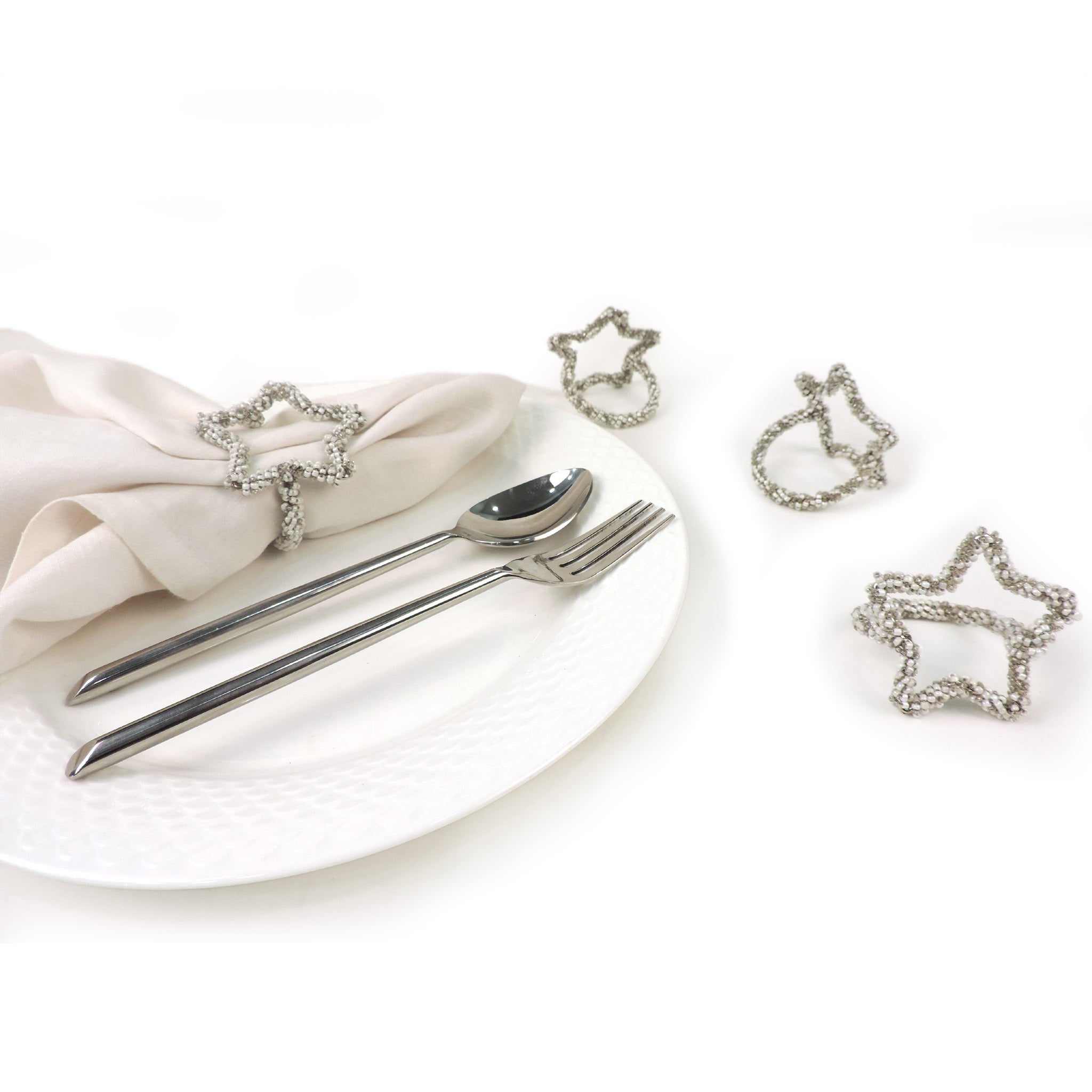 Star Attraction Napkin Ring in Cream & Silver, Set of 4