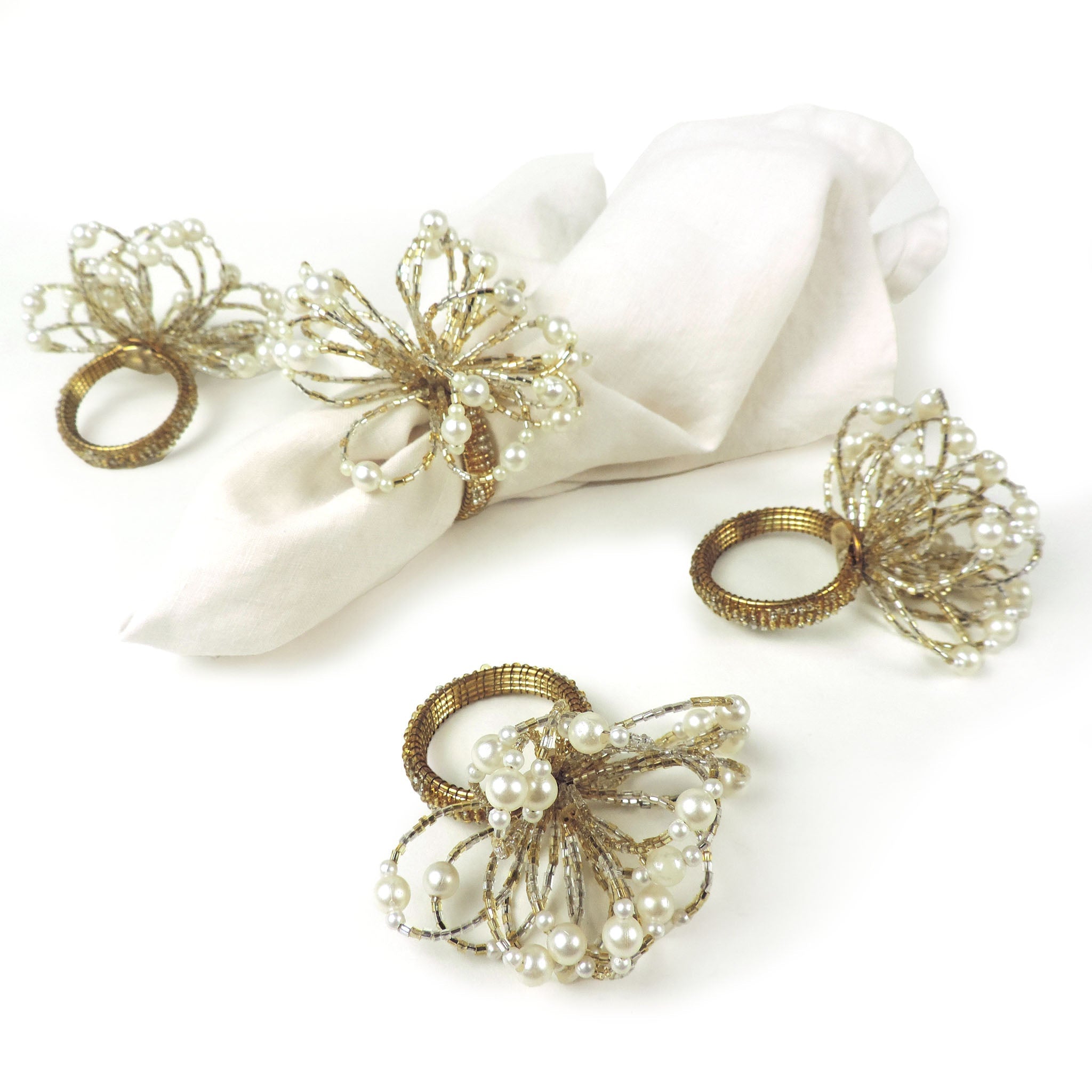 Pearl Flower Napkin Ring in Gold, Set of 4