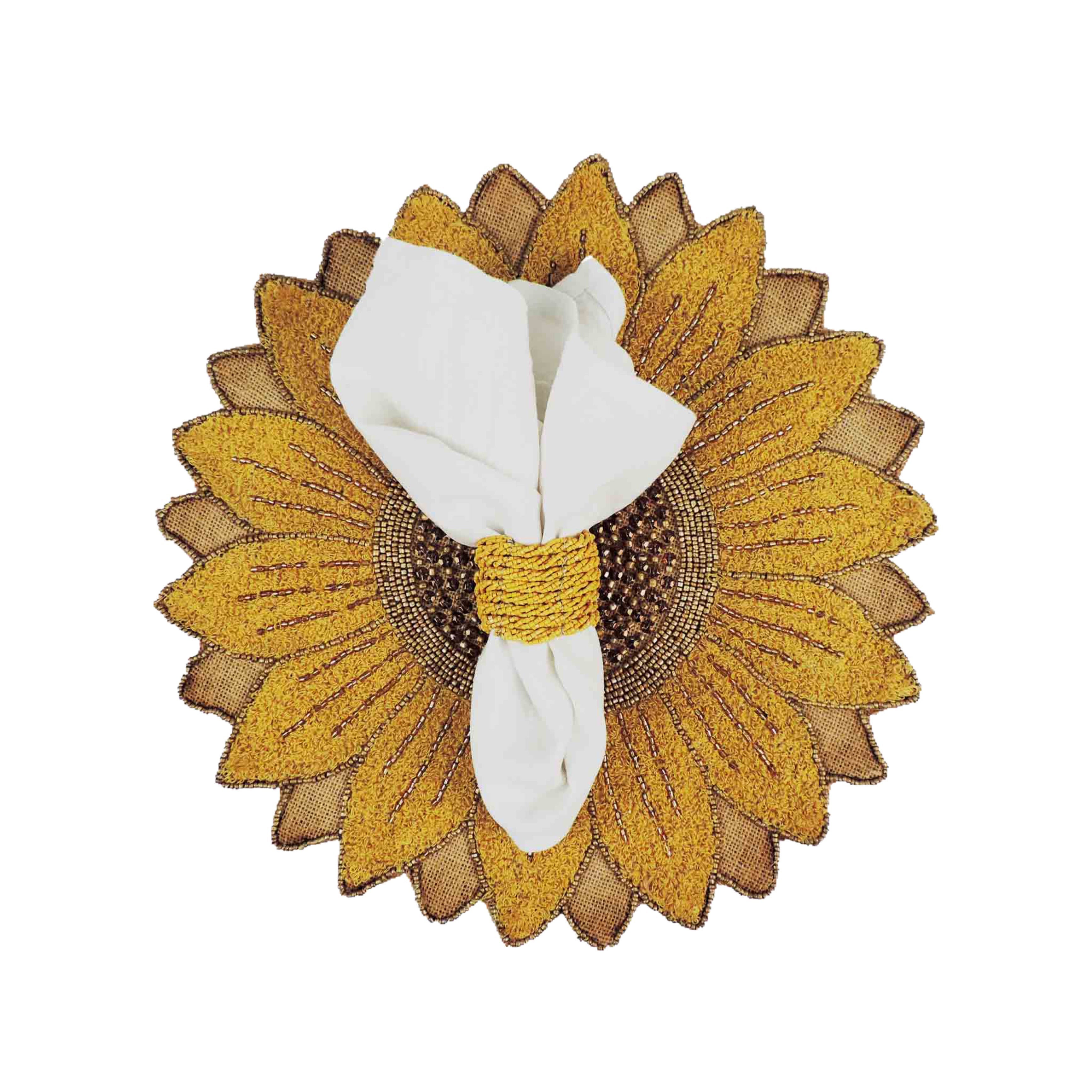 Sunflower Bead Table Setting for 4 - Embroidered Placemats, Napkin Rings & Table Runner in Natural & Gold